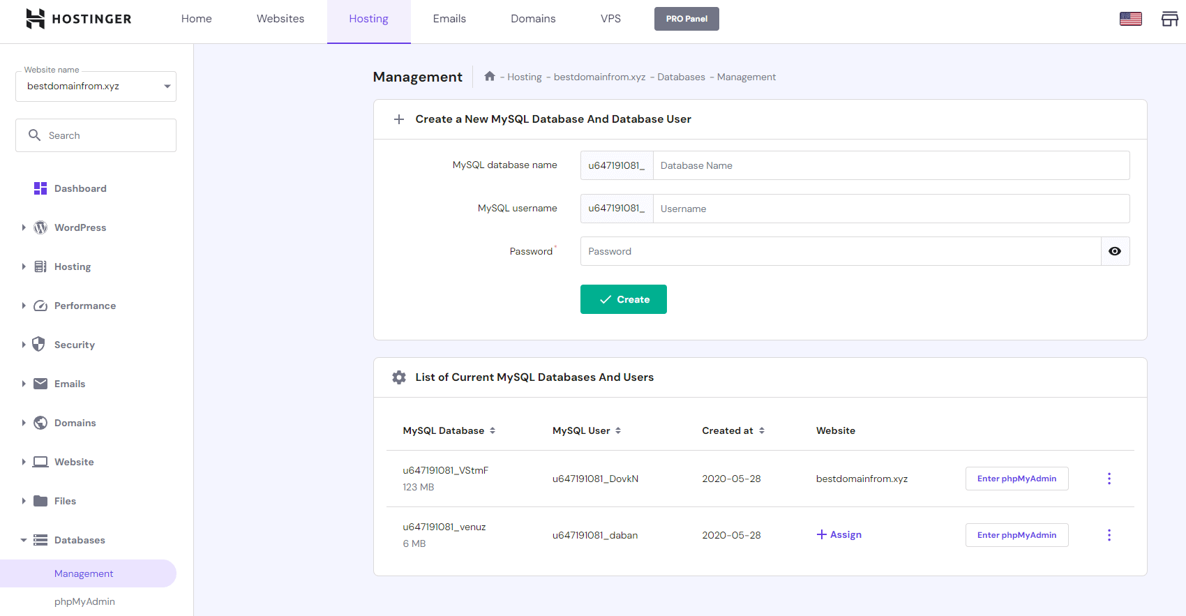 hPanel database management.
