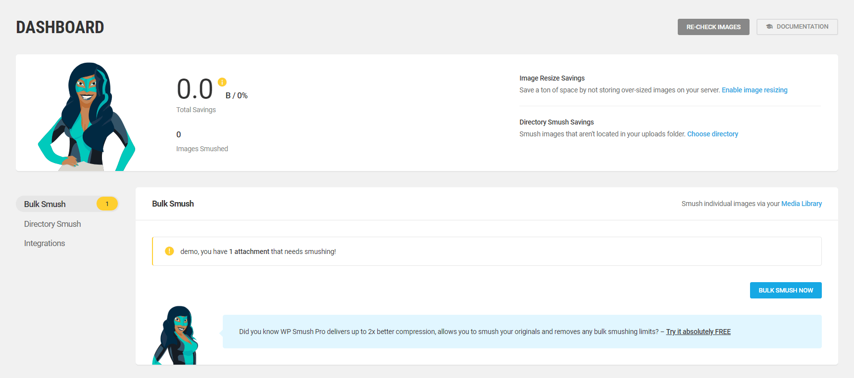 The WP Smush plugin settings.
