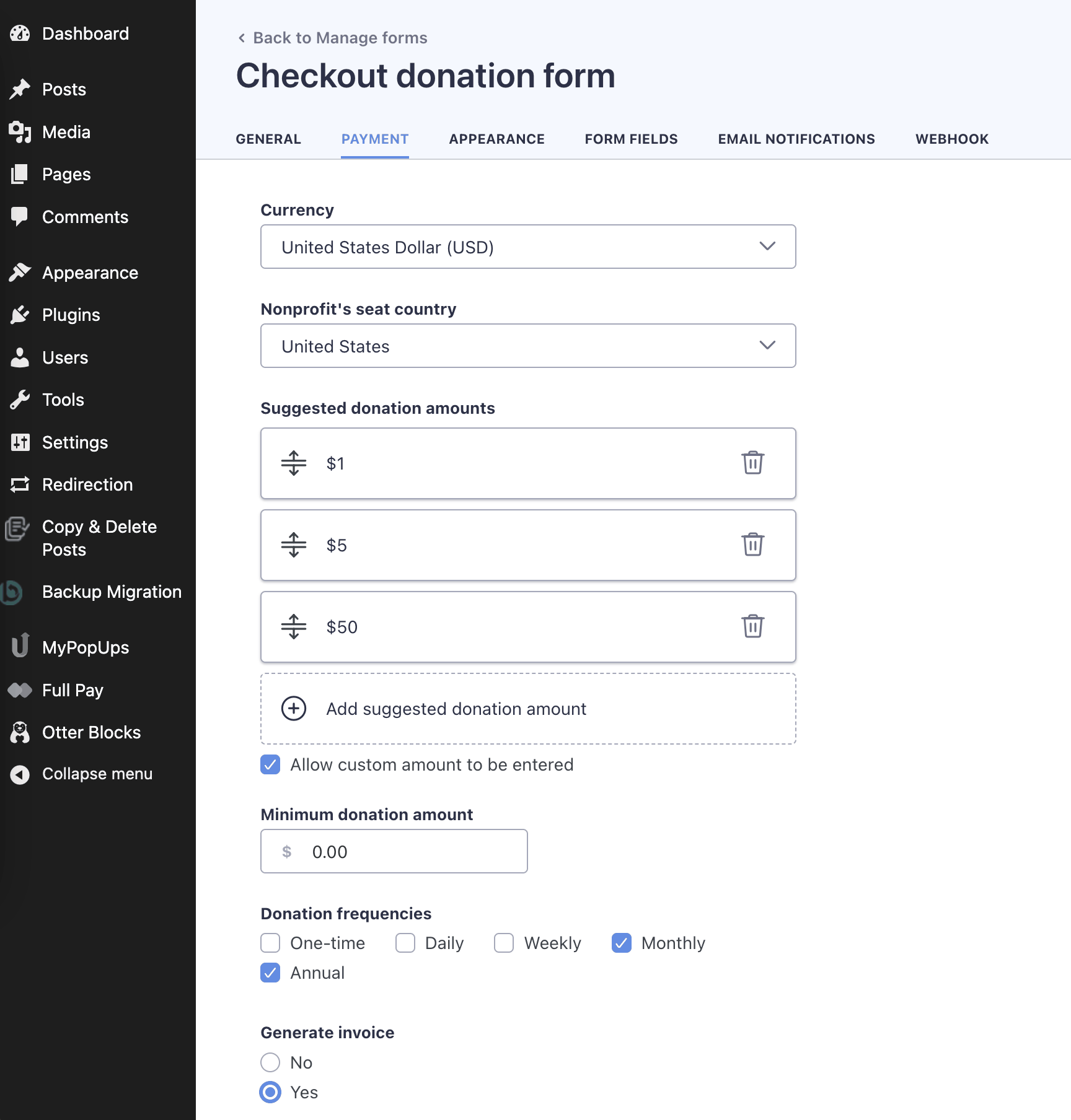 How to Create Stripe Donation Forms on a WordPress Website 3 Choosing currency for donations, donation amounts, frequencies, and more.