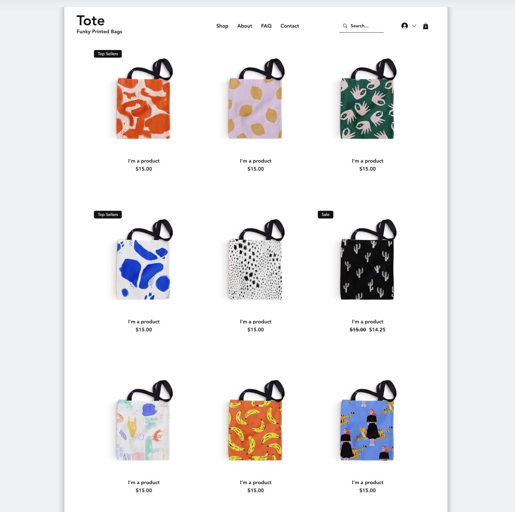 Frontend home page of a Wix Shop.