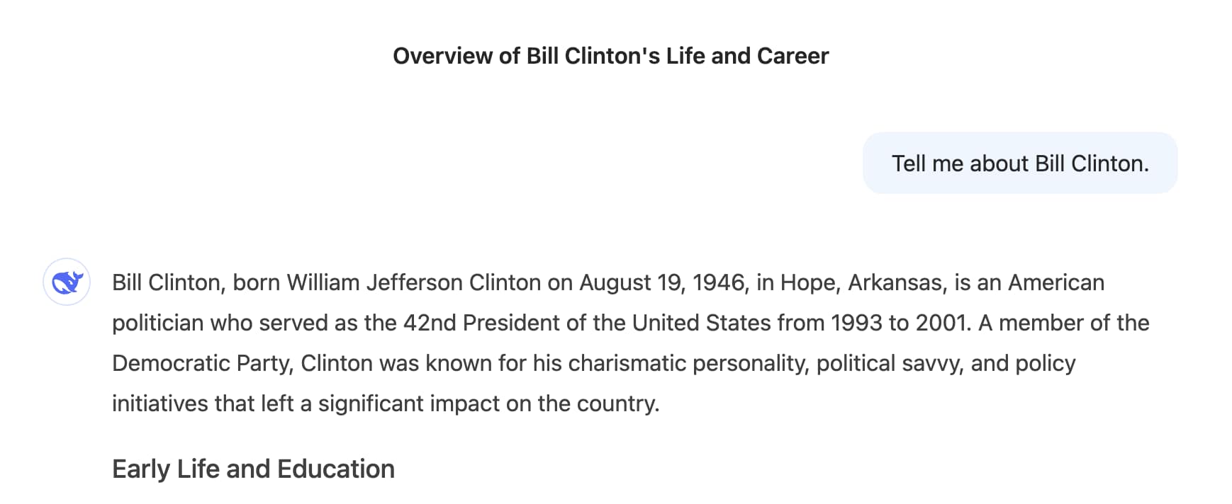 DeepSeek responding to an informative query about Bill Clinton.