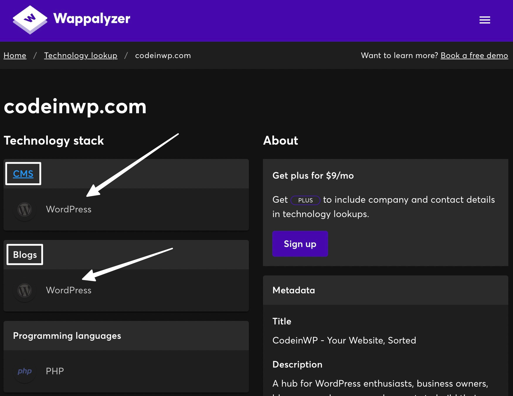 Looking under CMS in Wappalyzer