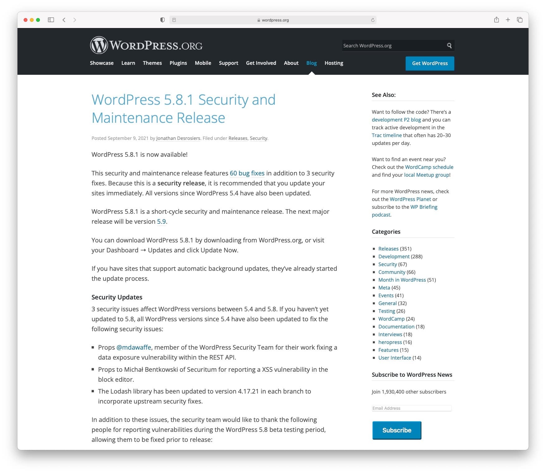 WordPress security update