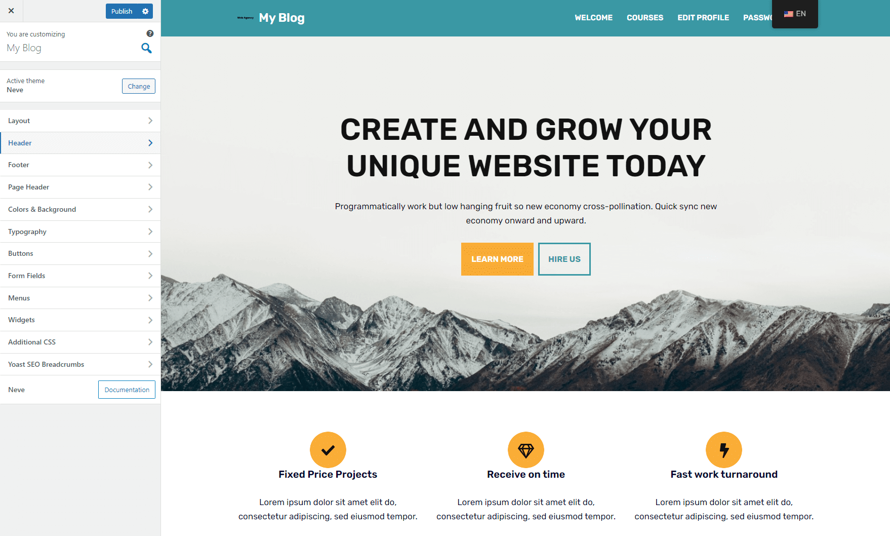 The Neve Pro theme customization options.