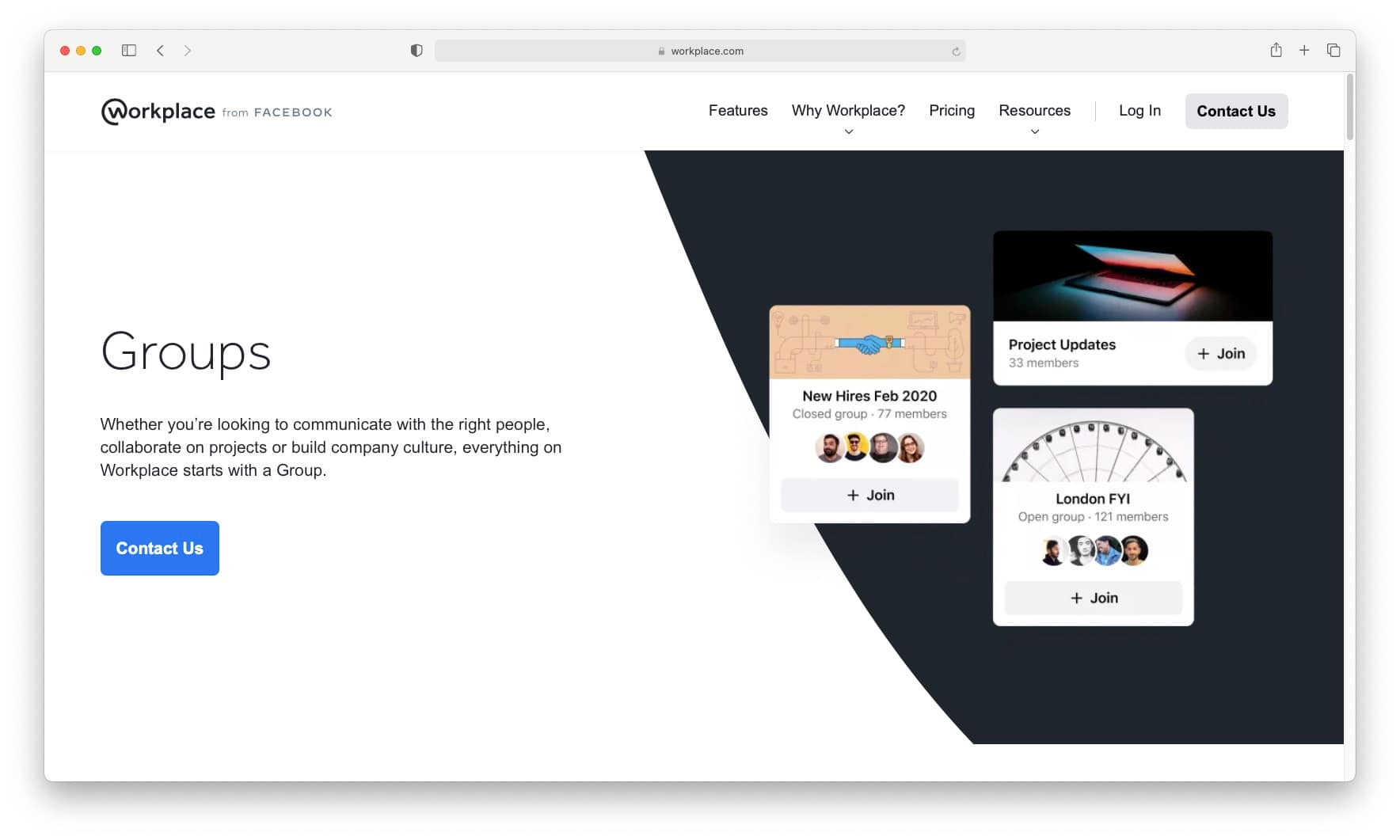 Facebook Workplace Groups page.