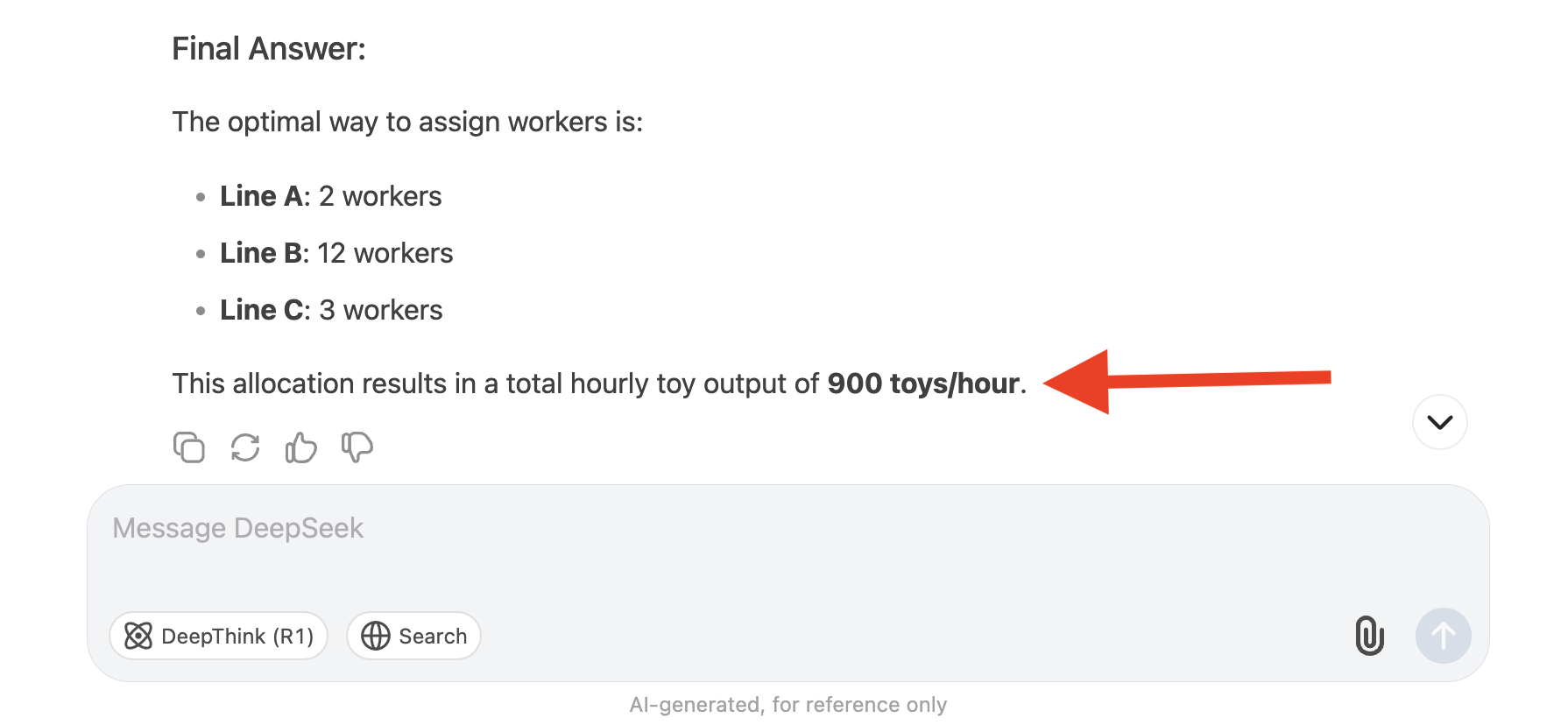 DeepSeek's solution to the toy factory problem.