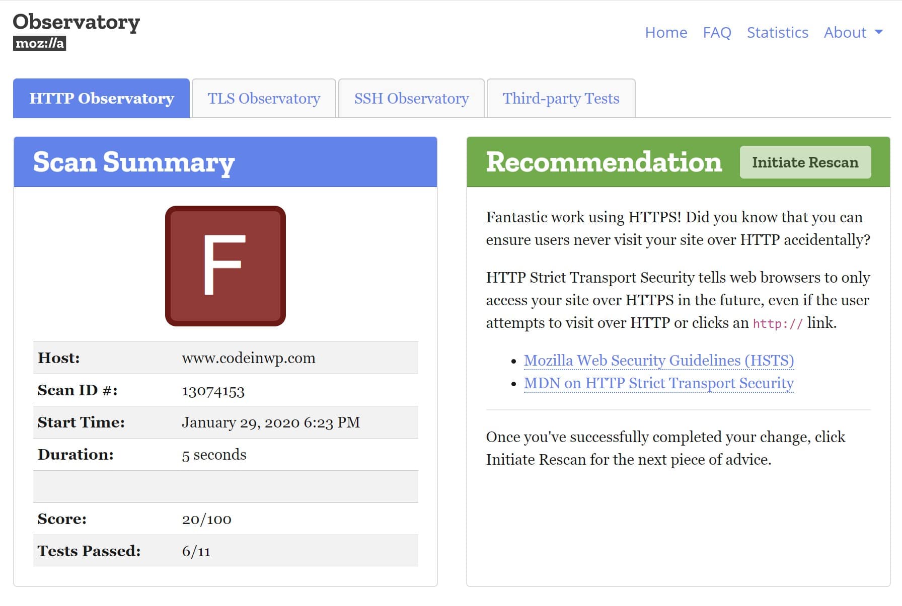 Mozilla Observatory website security check tool