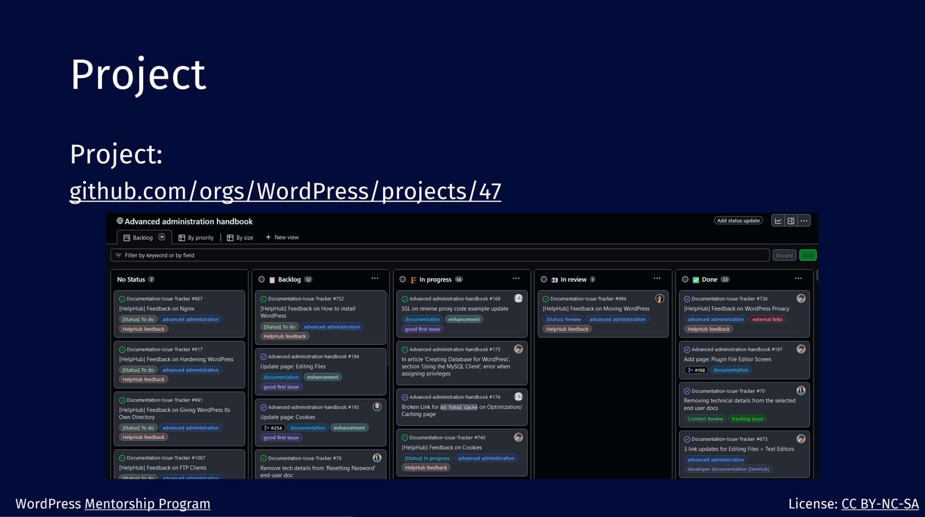 WordPress Contributor Mentorship Program slide displaying GitHub to-do list