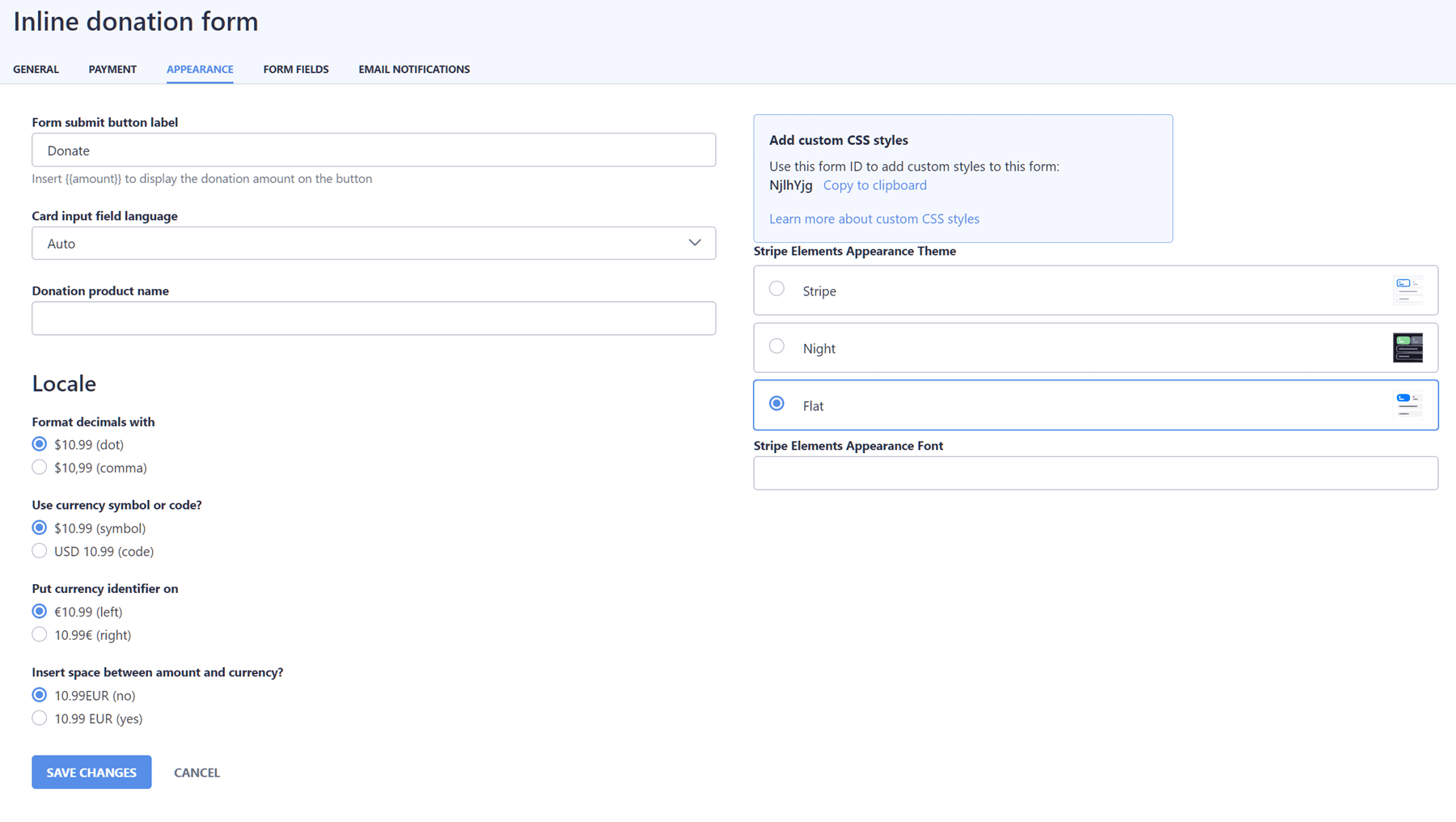 Inline donation form appearance area of WP Full Pay