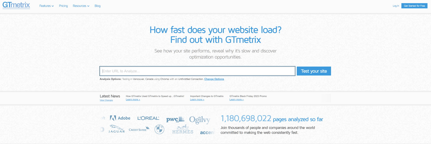 GTMetrix homepage.