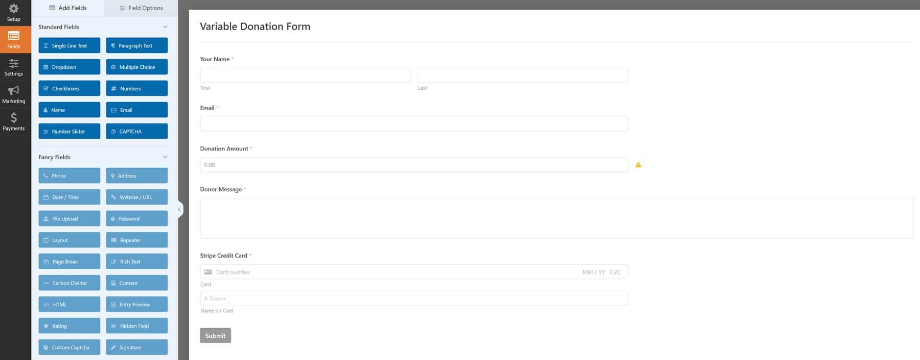 Variable Donation form template from WPForms