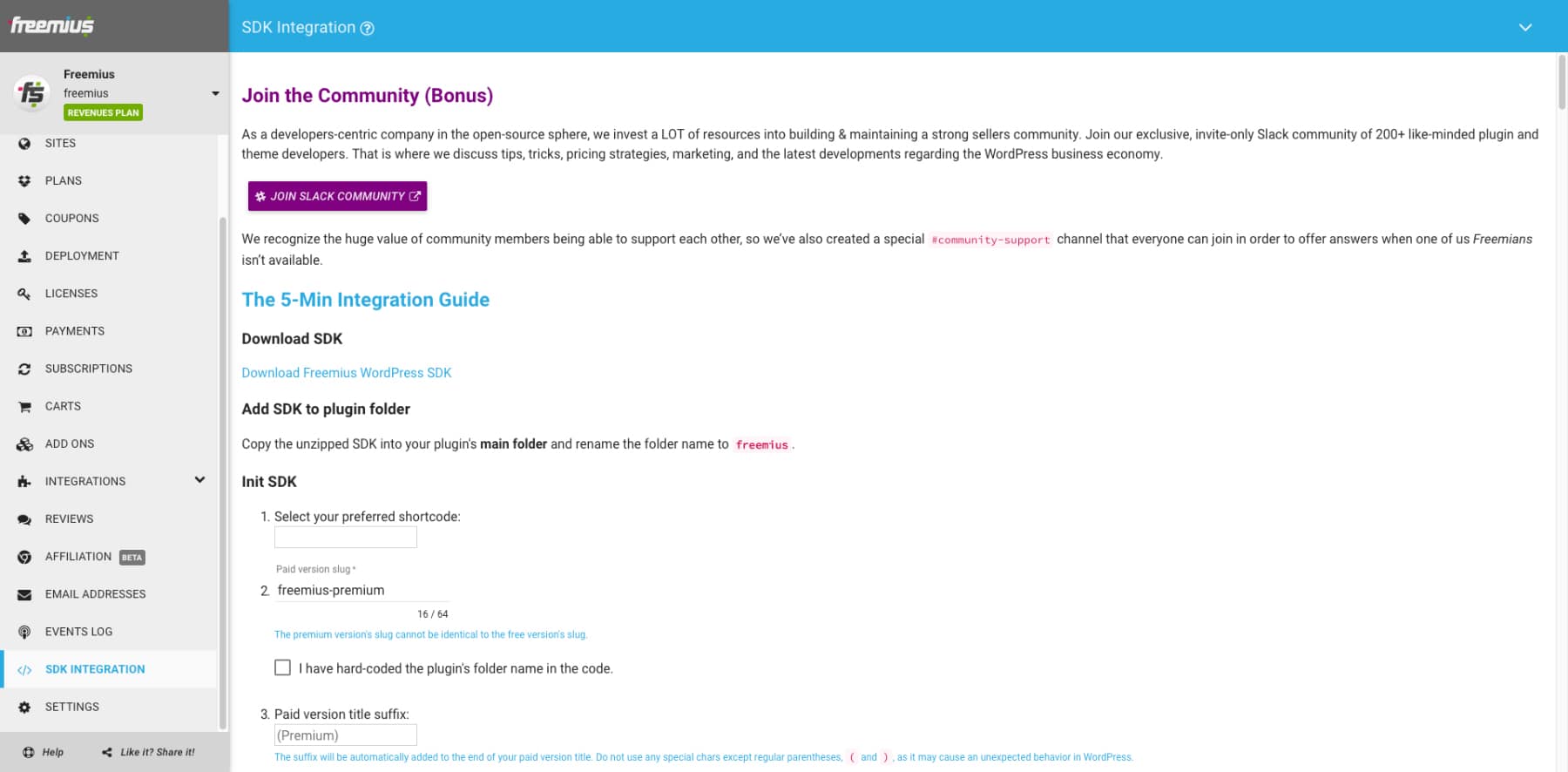 Freemius SDK Integration