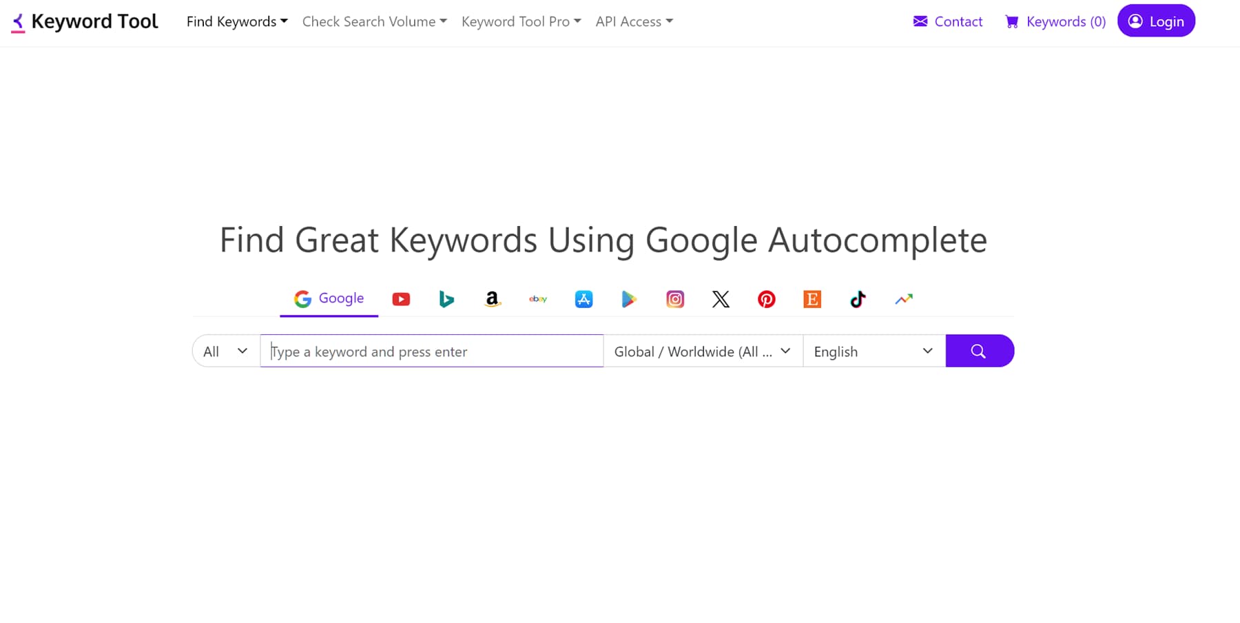 Keyword Tool homepage.