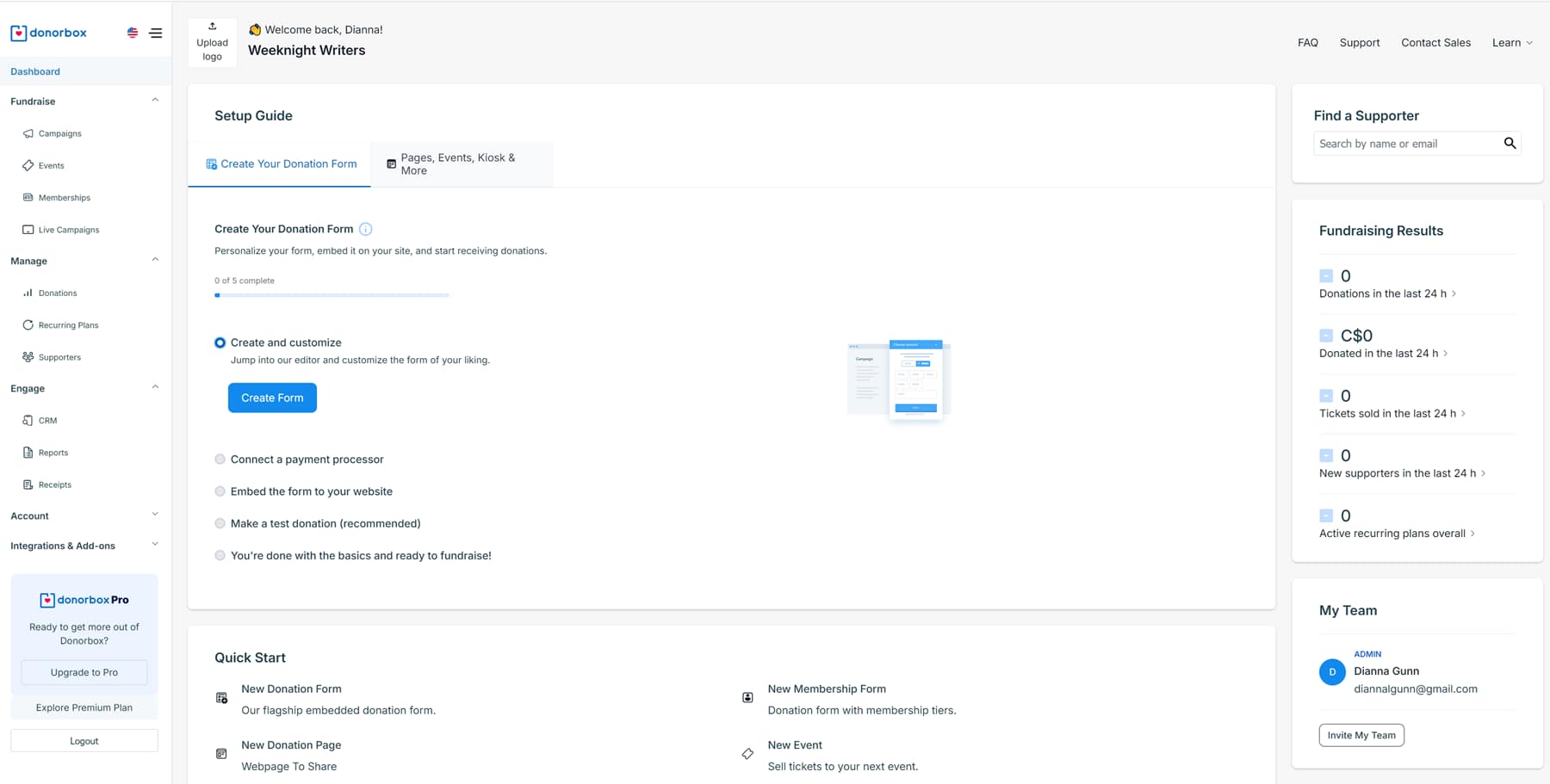 Donorbox account dashboard