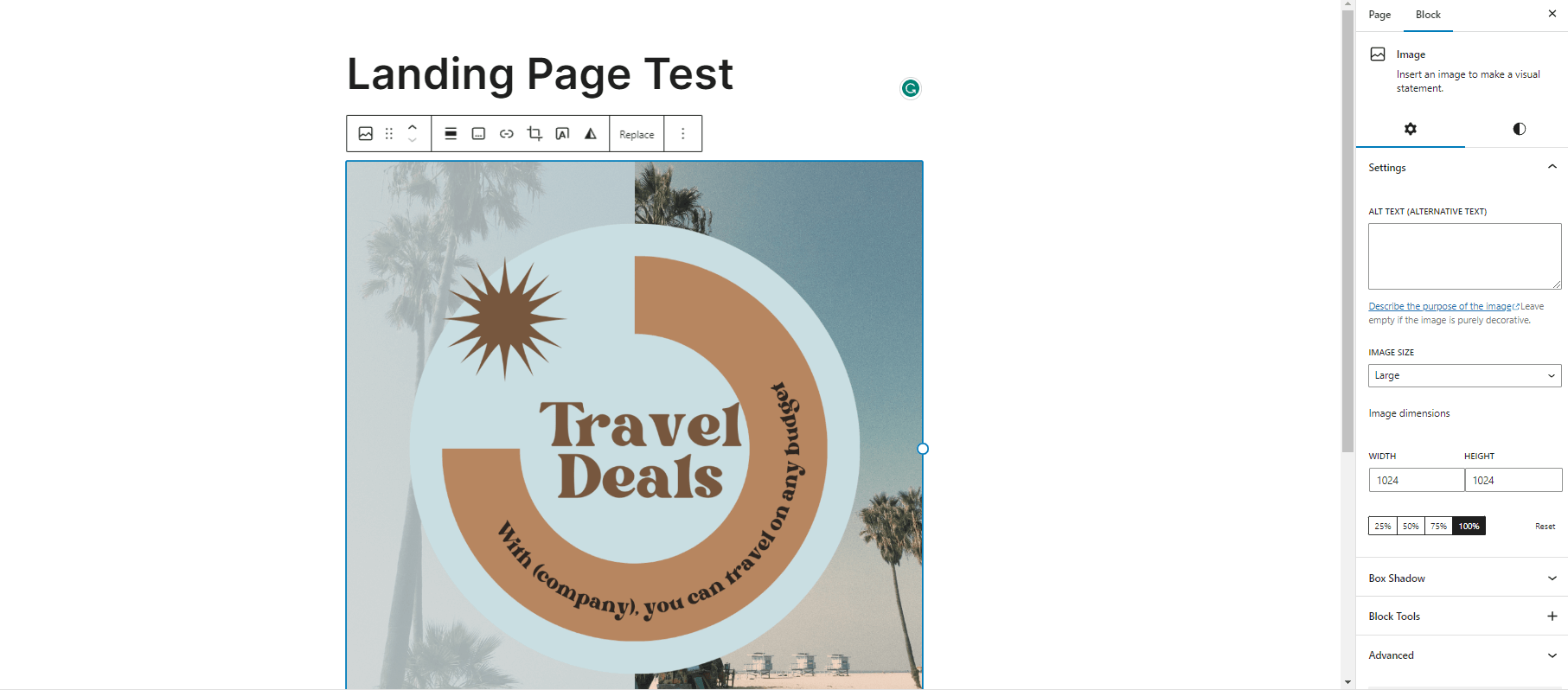 Image block highlighted with formatting options visible above the block and options like alt text visible in the sidebar.