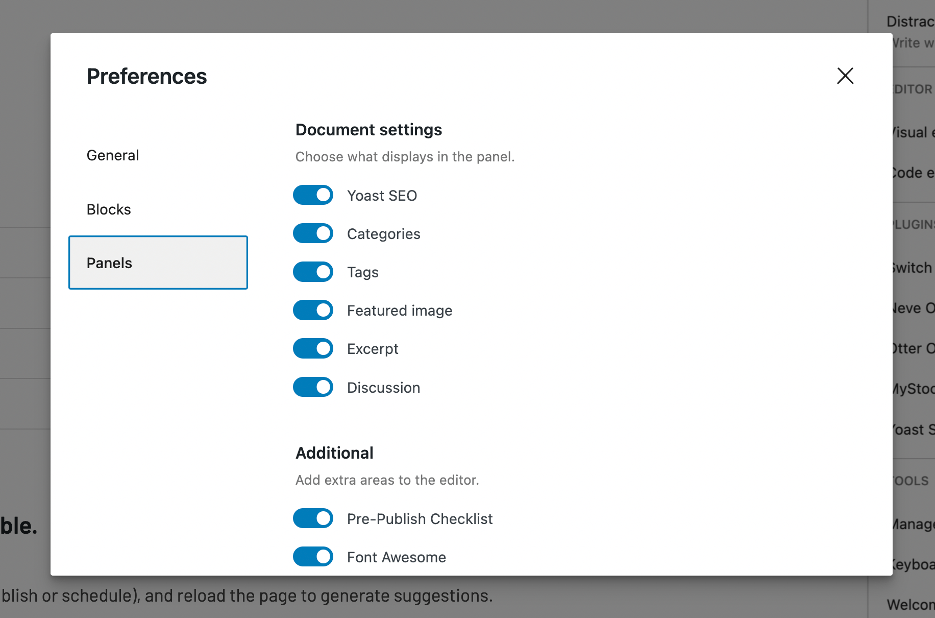 Panels settings for WordPress block editor.