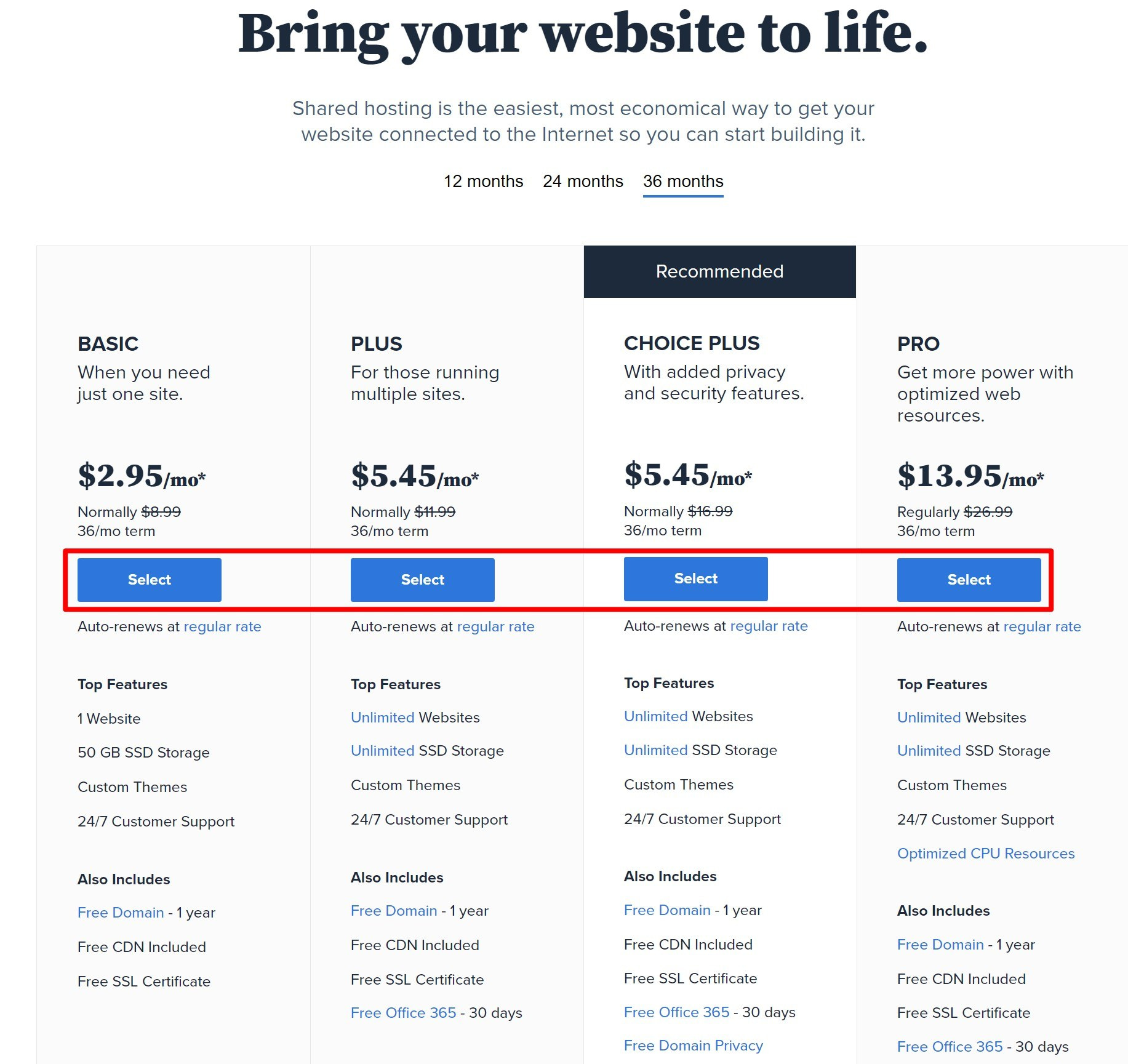 Choose Bluehost hosting plan