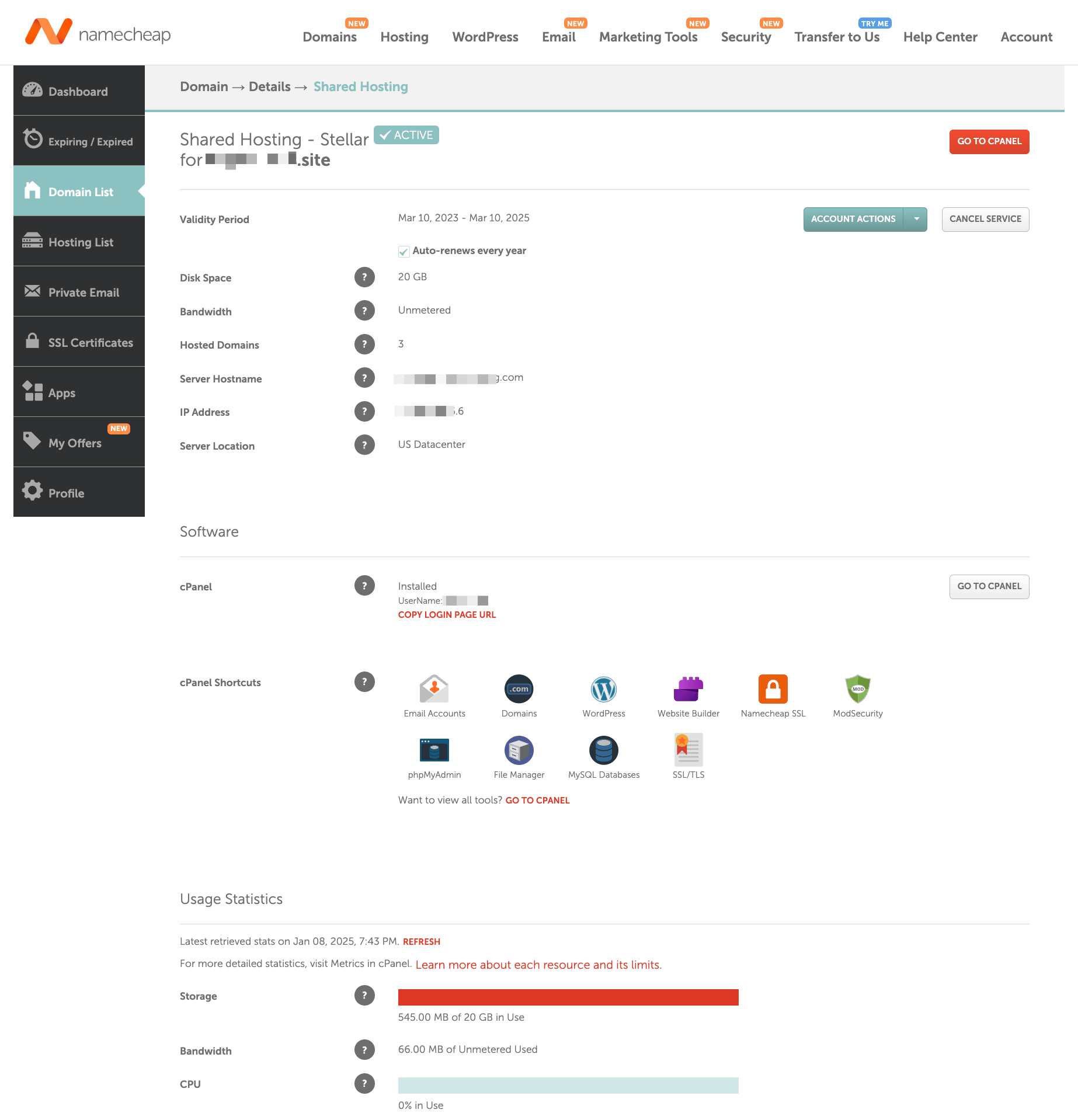 Namecheap hosting panel