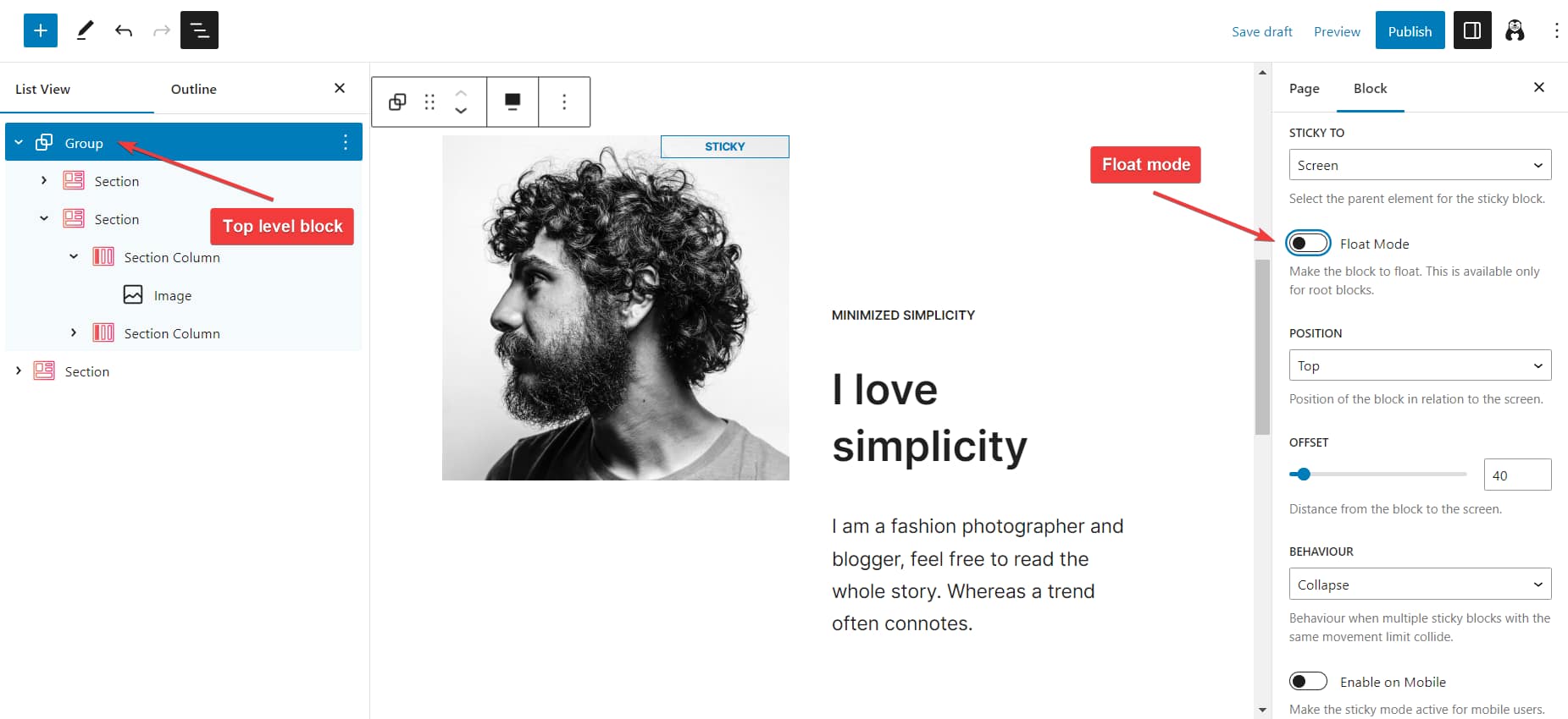 float mode otter block - sticky block in Gutenberg.