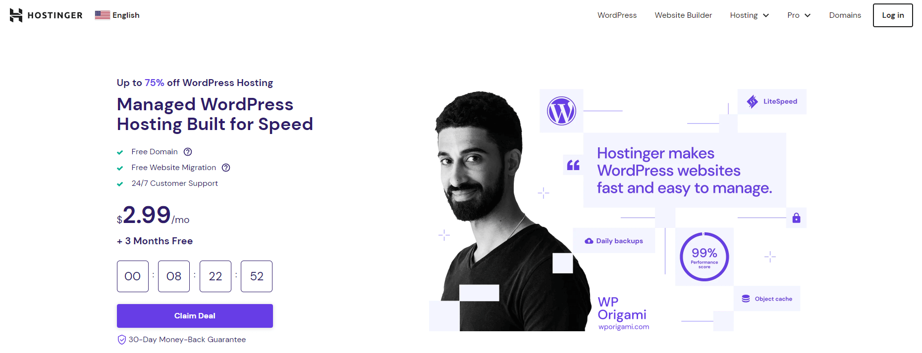 Hostinger WordPress hosting page.