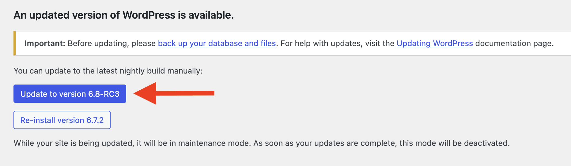 Updating WordPress to the beta release.