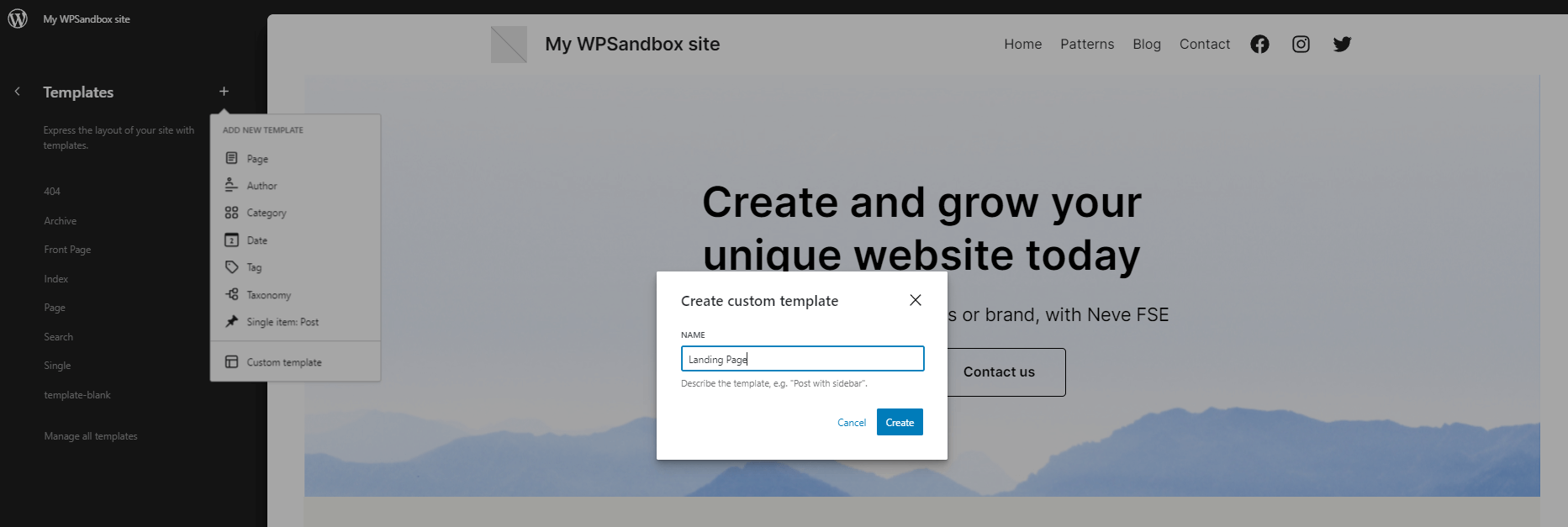 Neve FSE editor custom template creation.