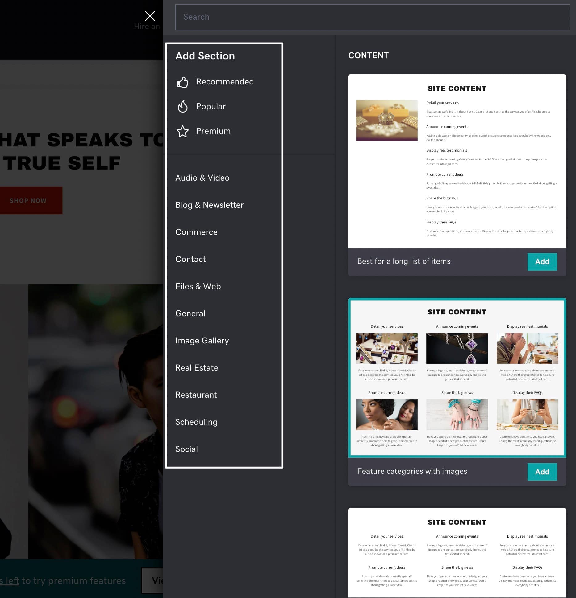 adding sections in GoDaddy website builder