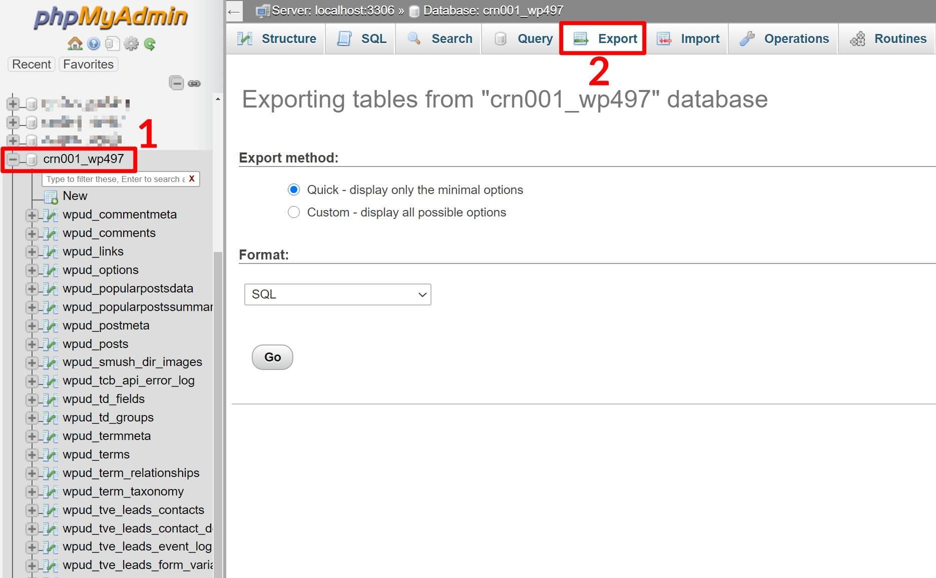 Export MySQL database as part of how to move website to new host