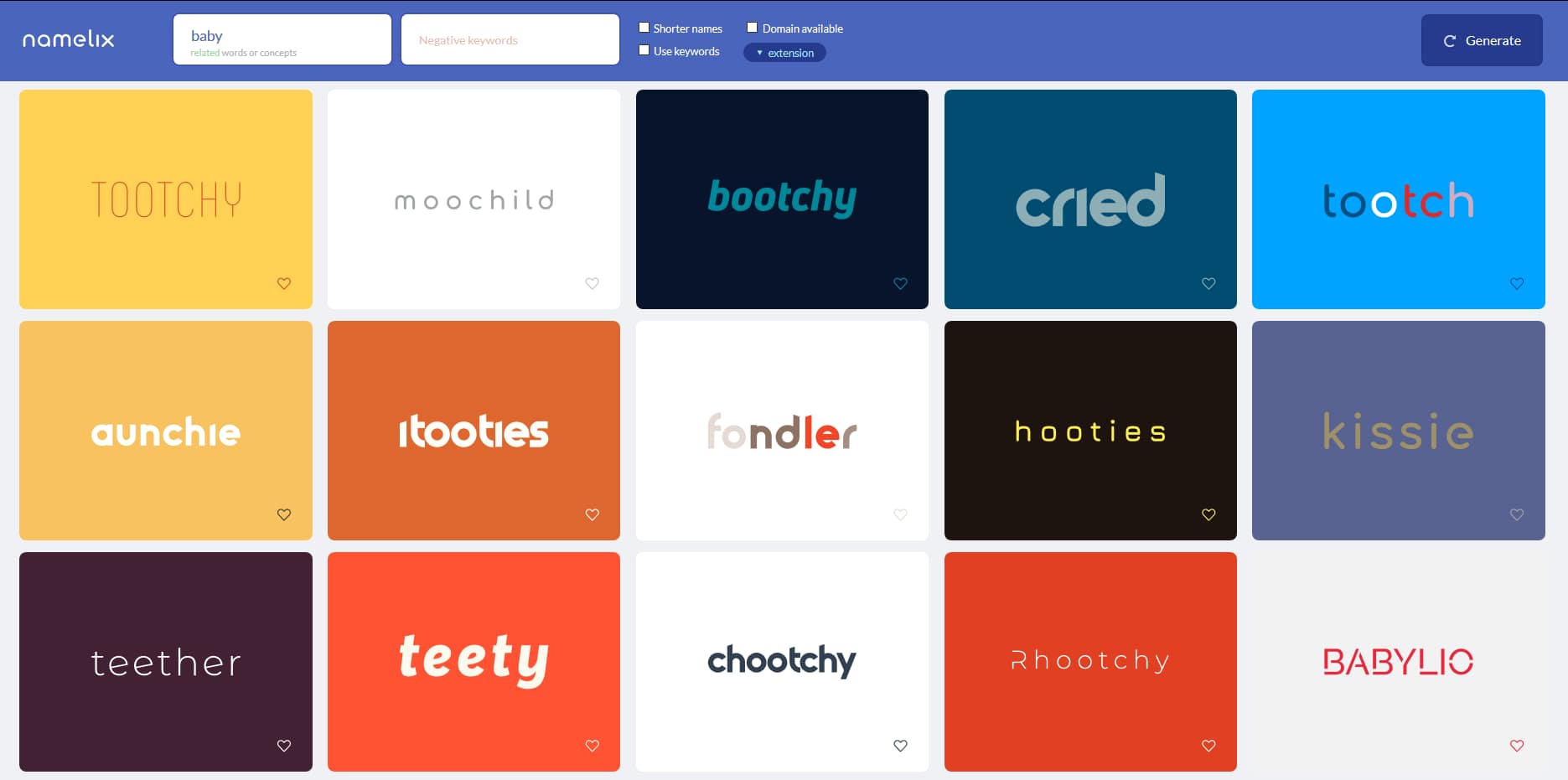 Namelix's results are creative and clever but they don't approach the site topic