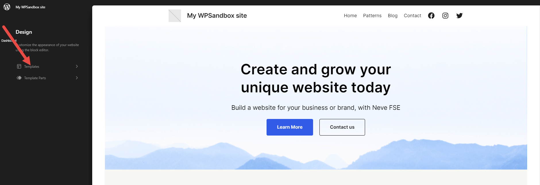 Neve FSE editor with a red arrow pointing to the "Templates" link.