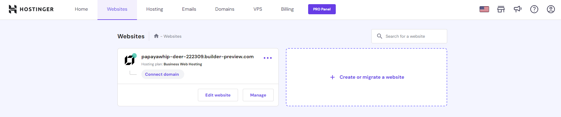 Hostinger account "Websites" area.