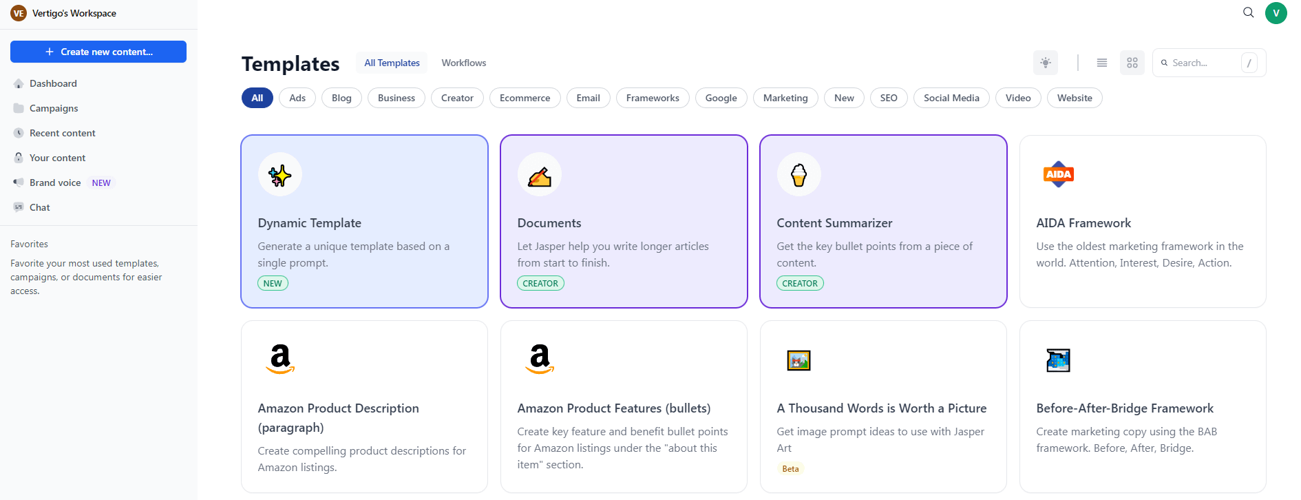 Jasper AI template library.