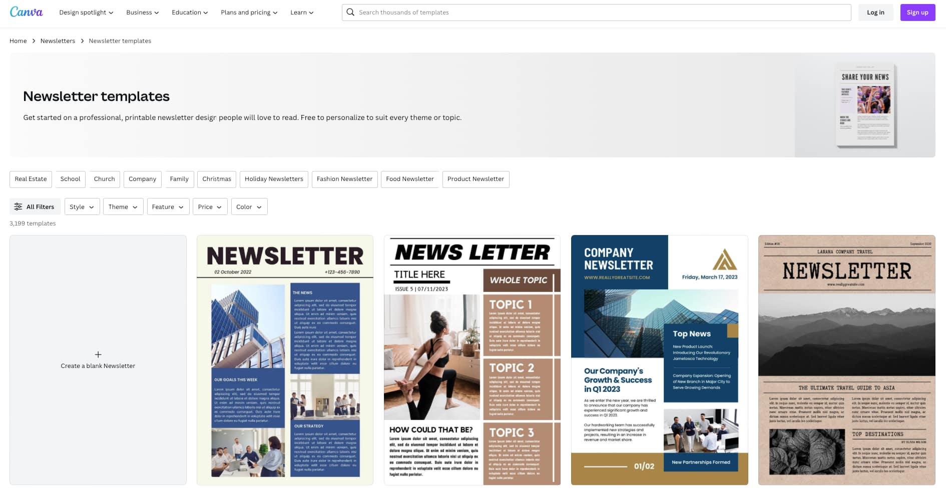 Image of Canva's Newsletter Templates Page