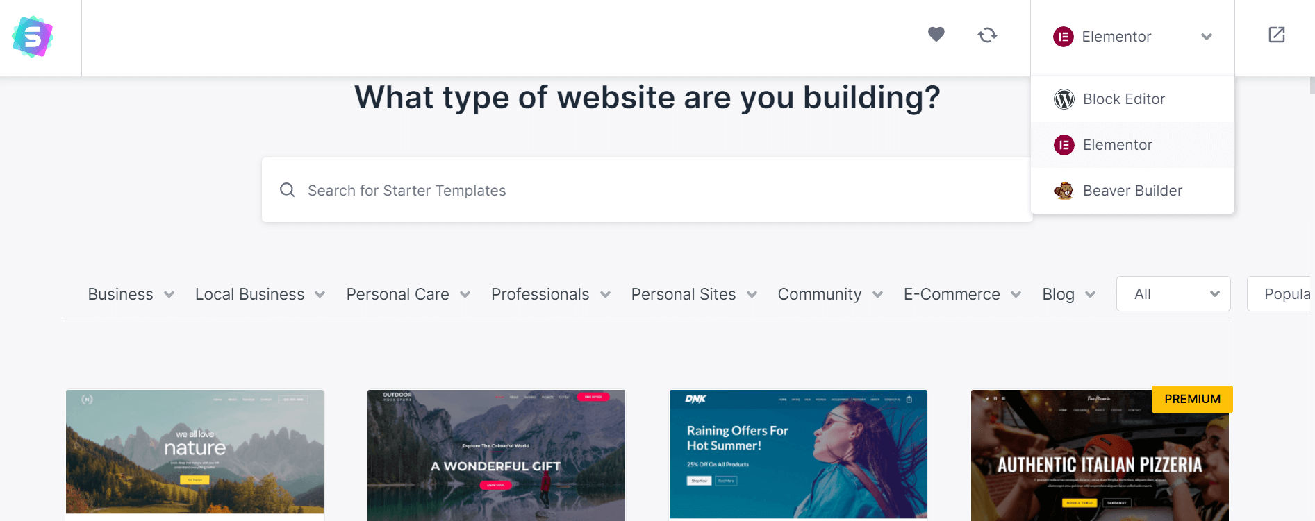 Astra WordPress theme starter templates search.