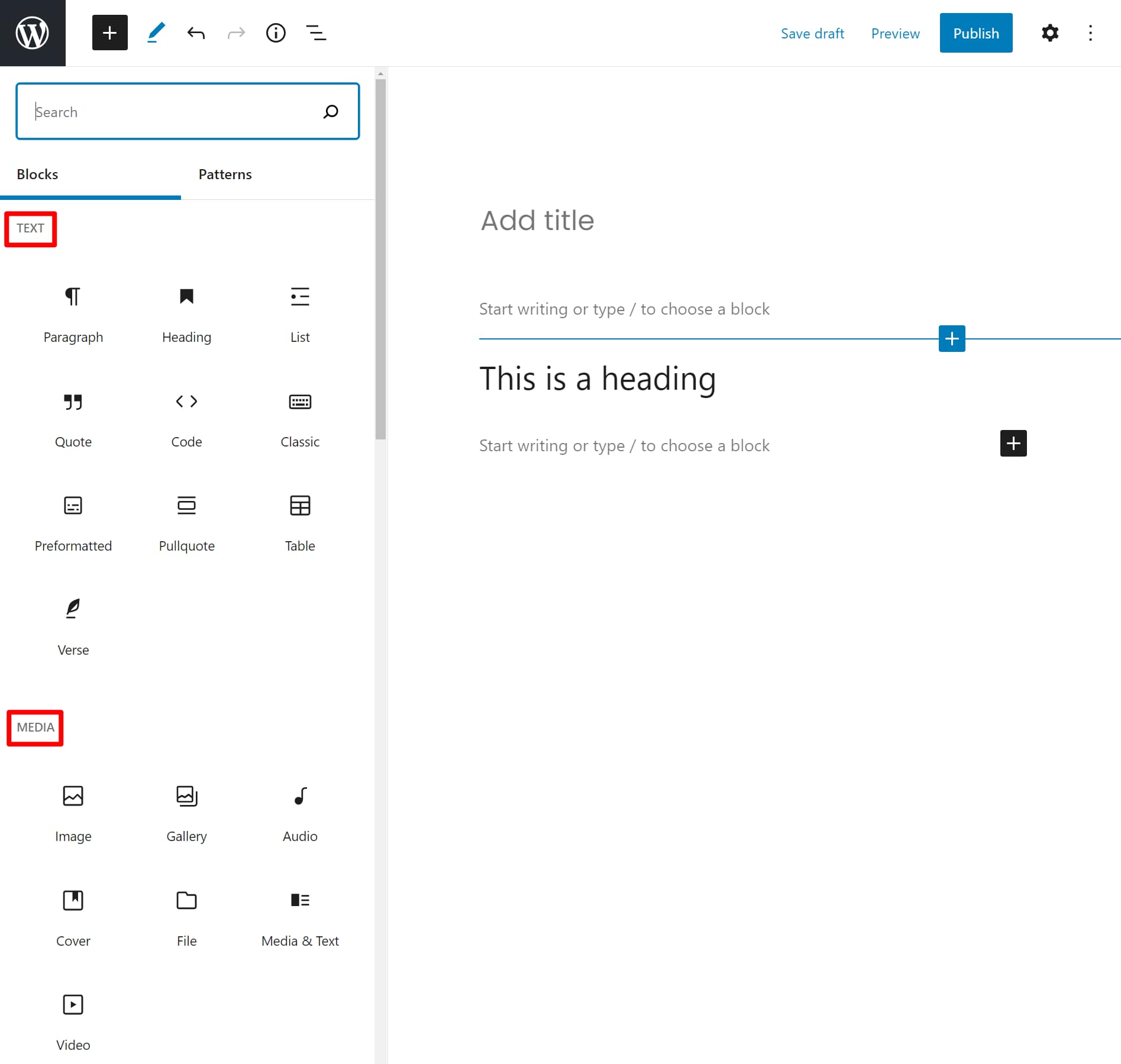 Gutenberg block sections.