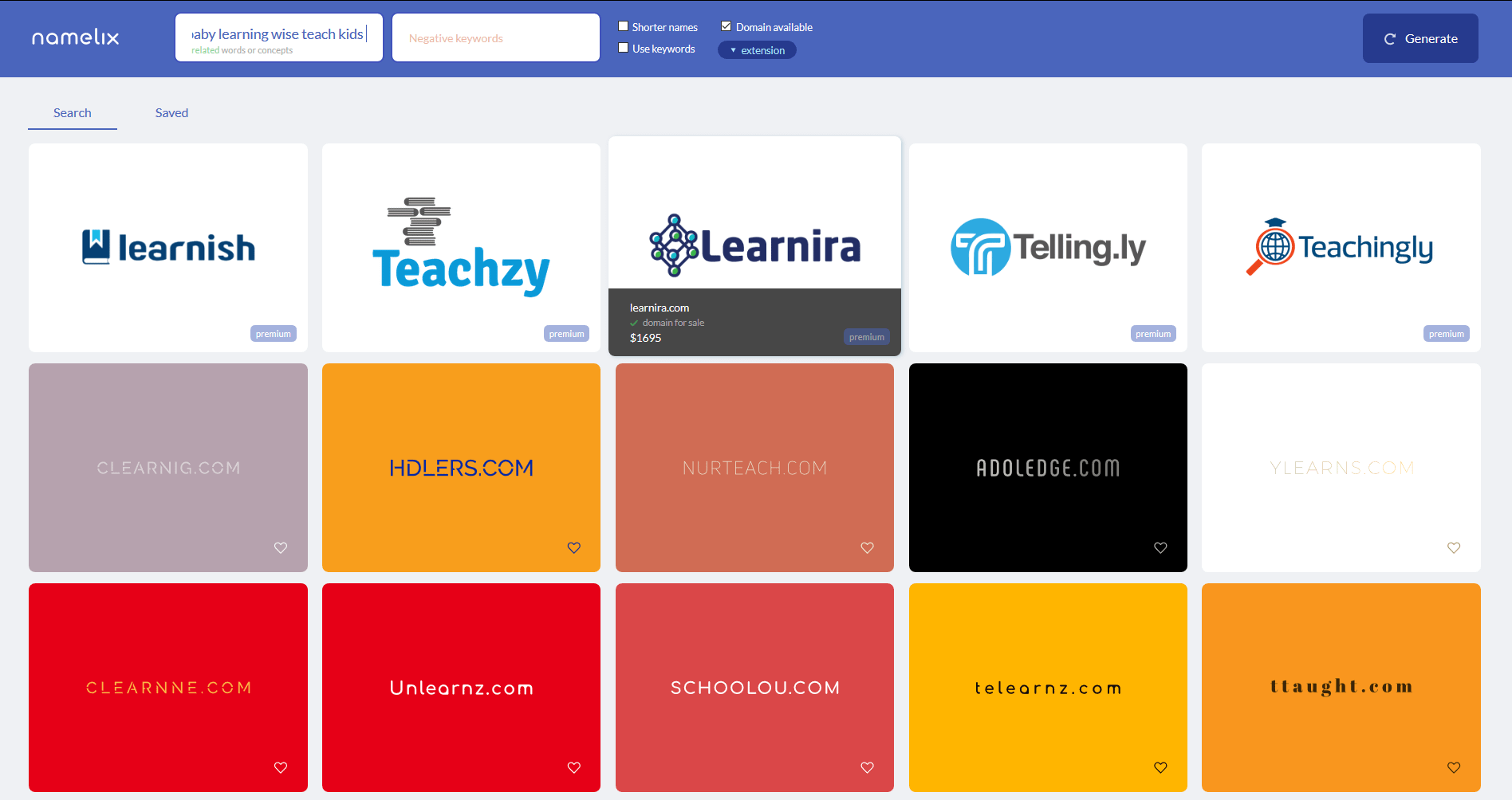 Namelix's results after providing more specific seed words