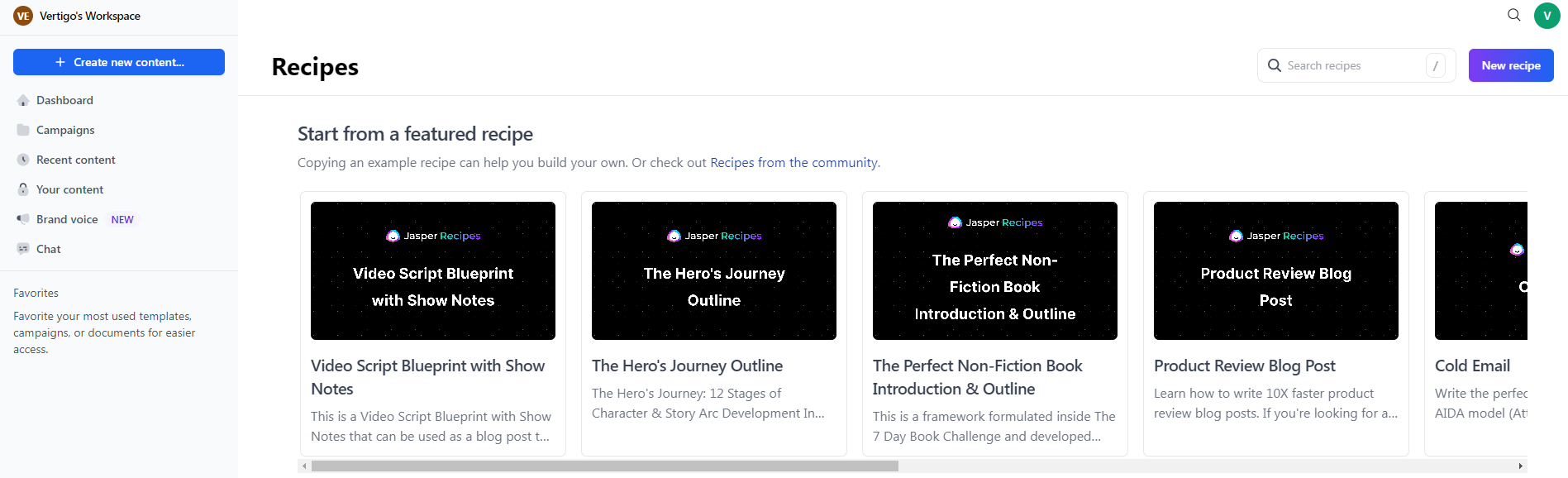 Jasper AI featured recipes.