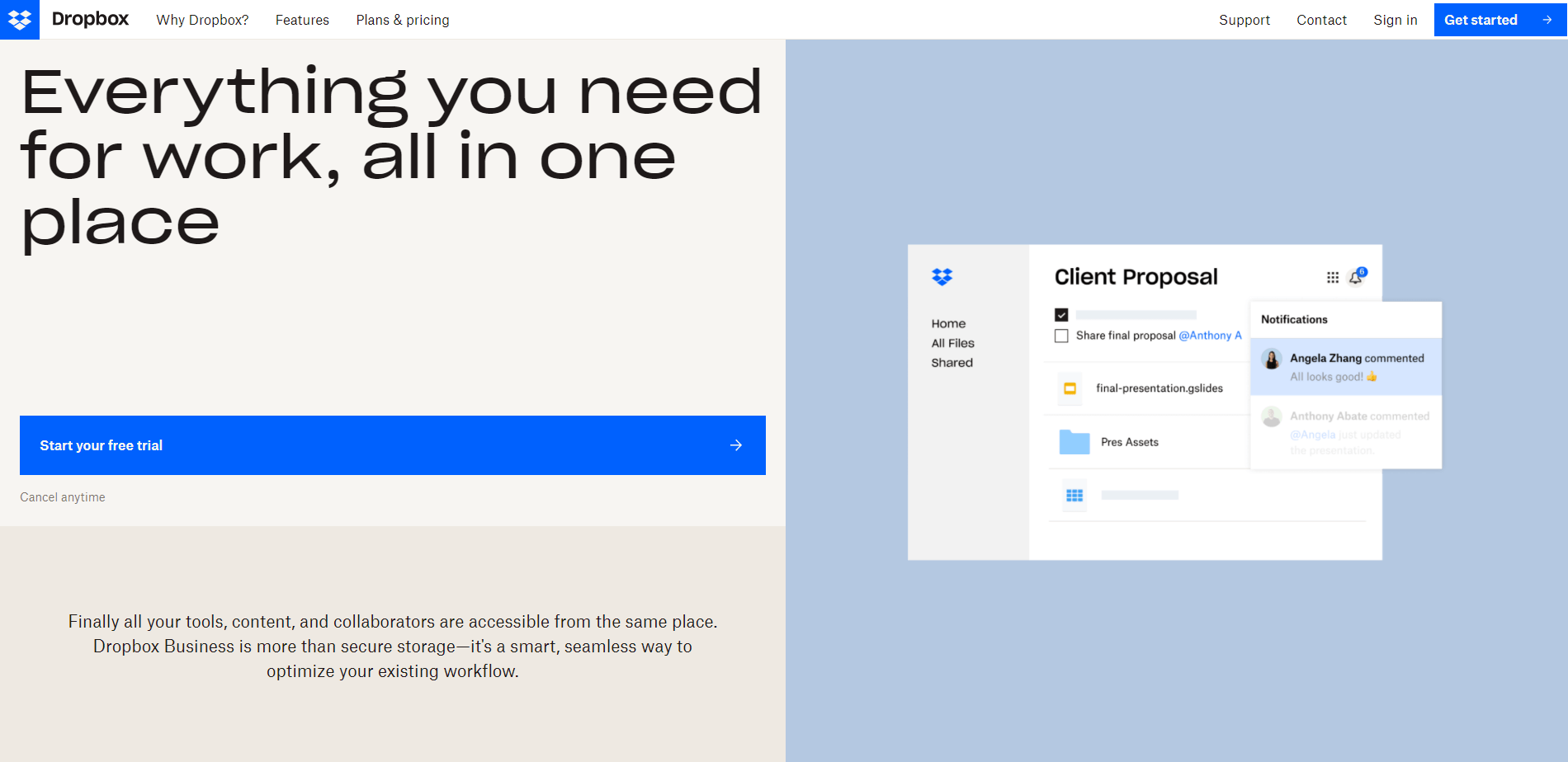 The homepage for Dropbox Business, a cloud storage solution.