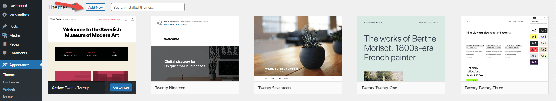 WordPress Themes page with a red arrow pointing to the "Add New" button at the top of the page.