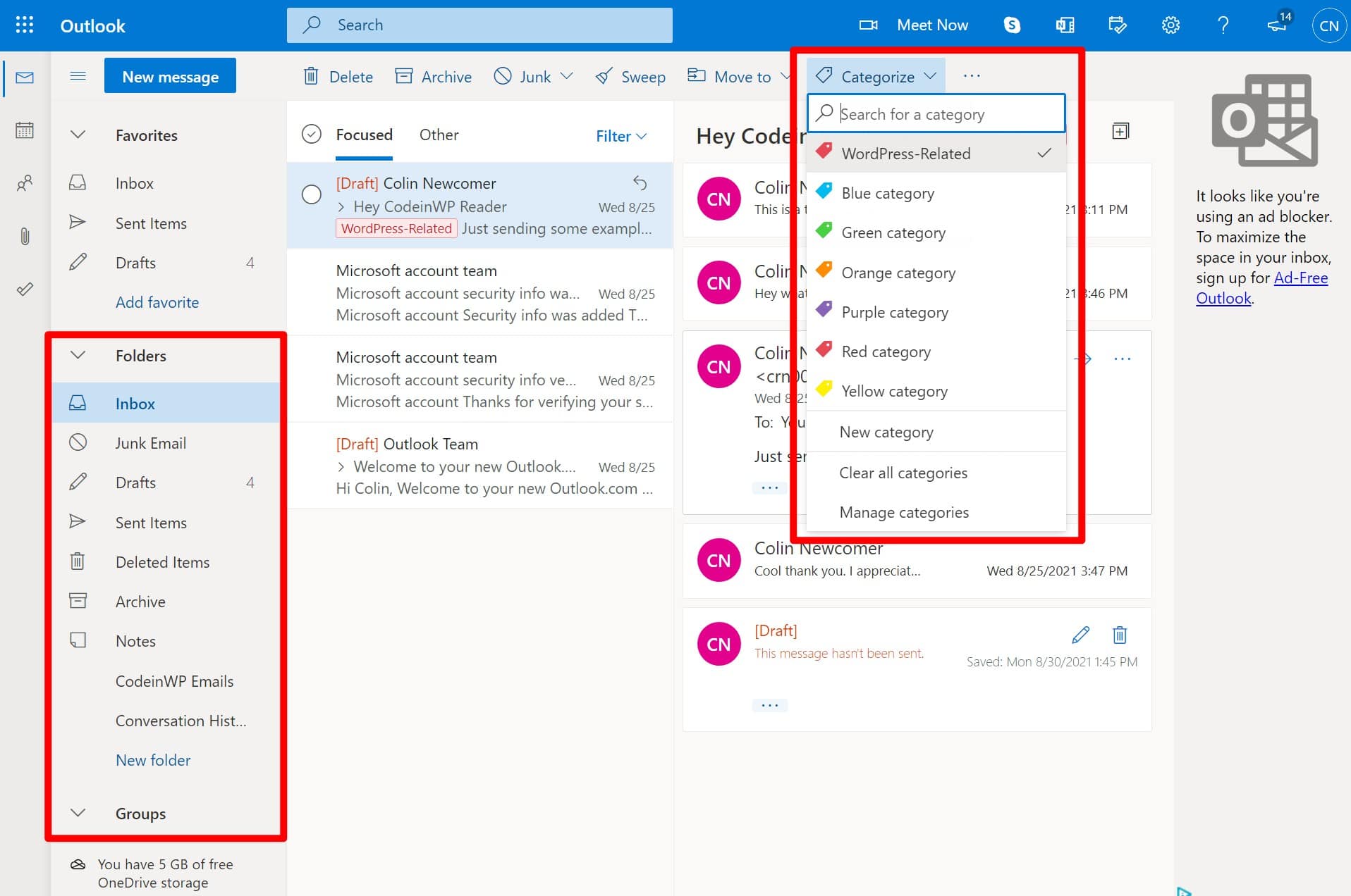 Outlook categories and folders