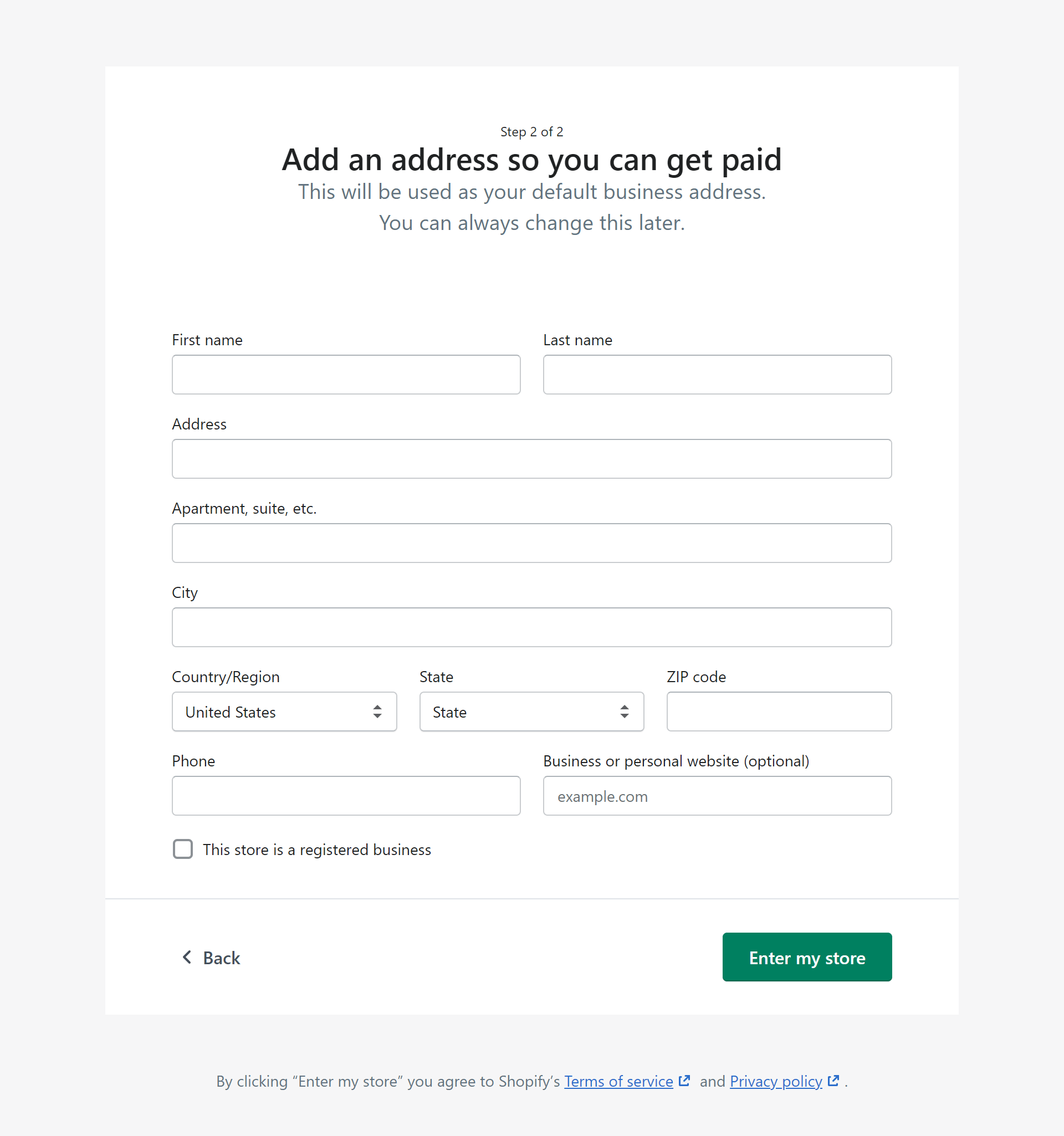 The second step for Shopify's setup.