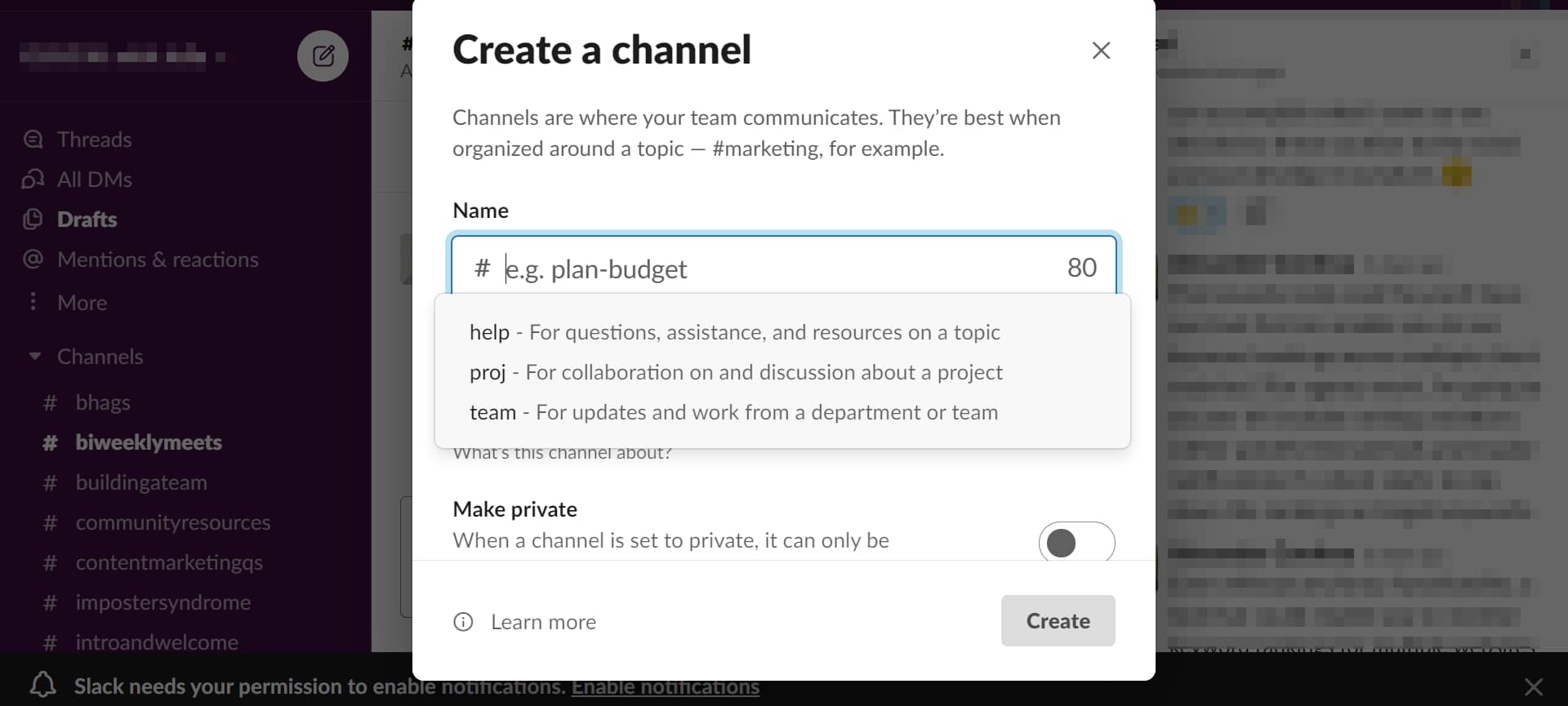 Adding a new channel in Slack