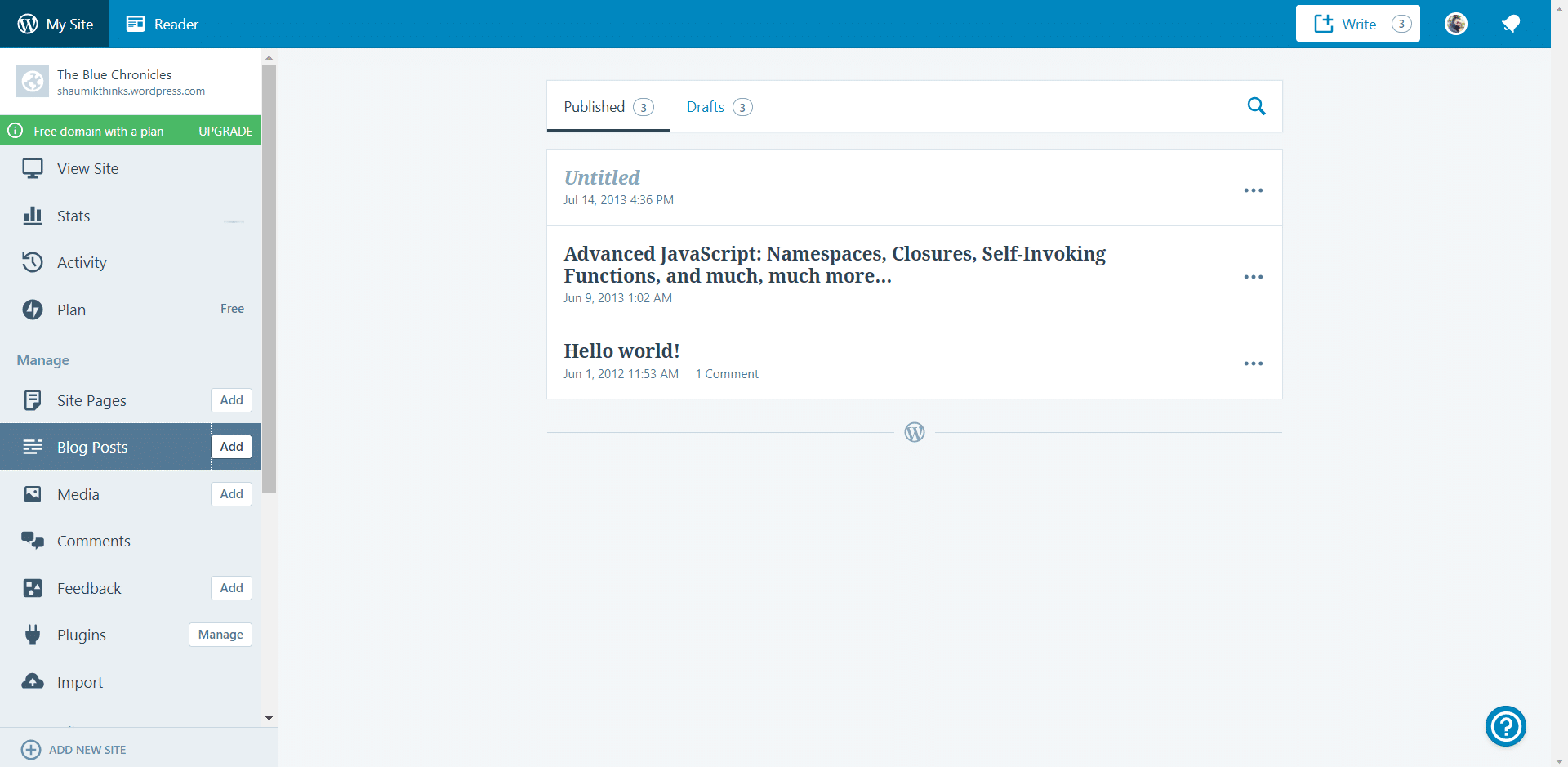 WordPress.com Dashboard: Limited Options for Free Plan.