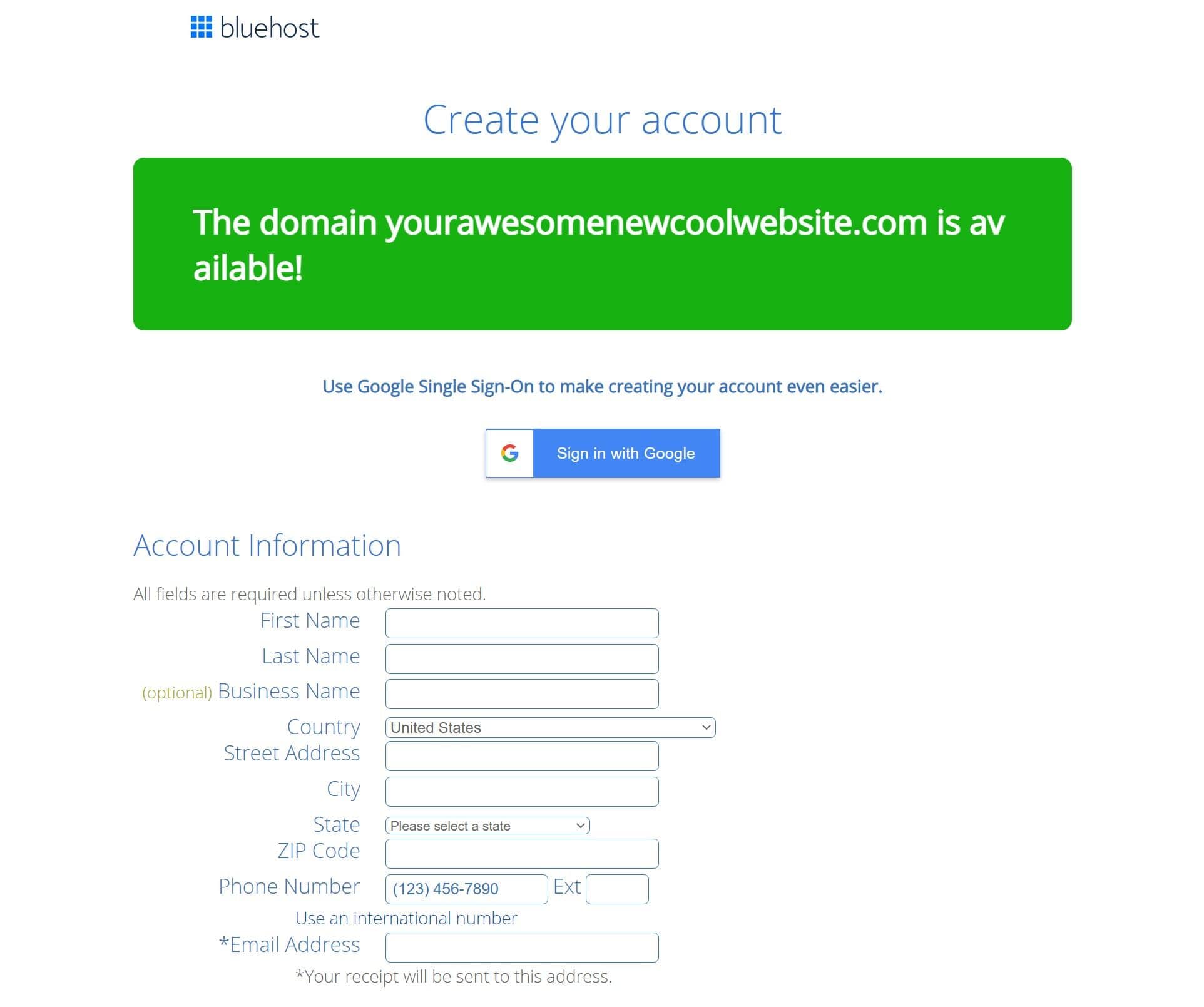 Enter Bluehost account information