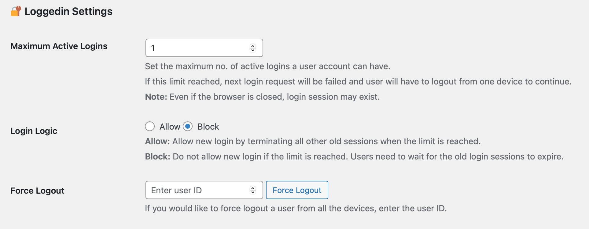 Loggedin plugin settings for WordPress user management.