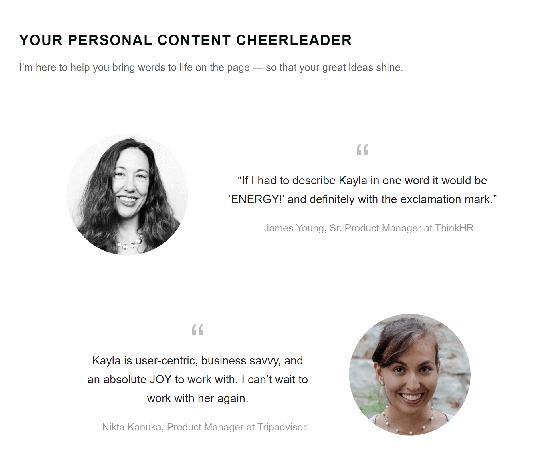 Testimonials page example