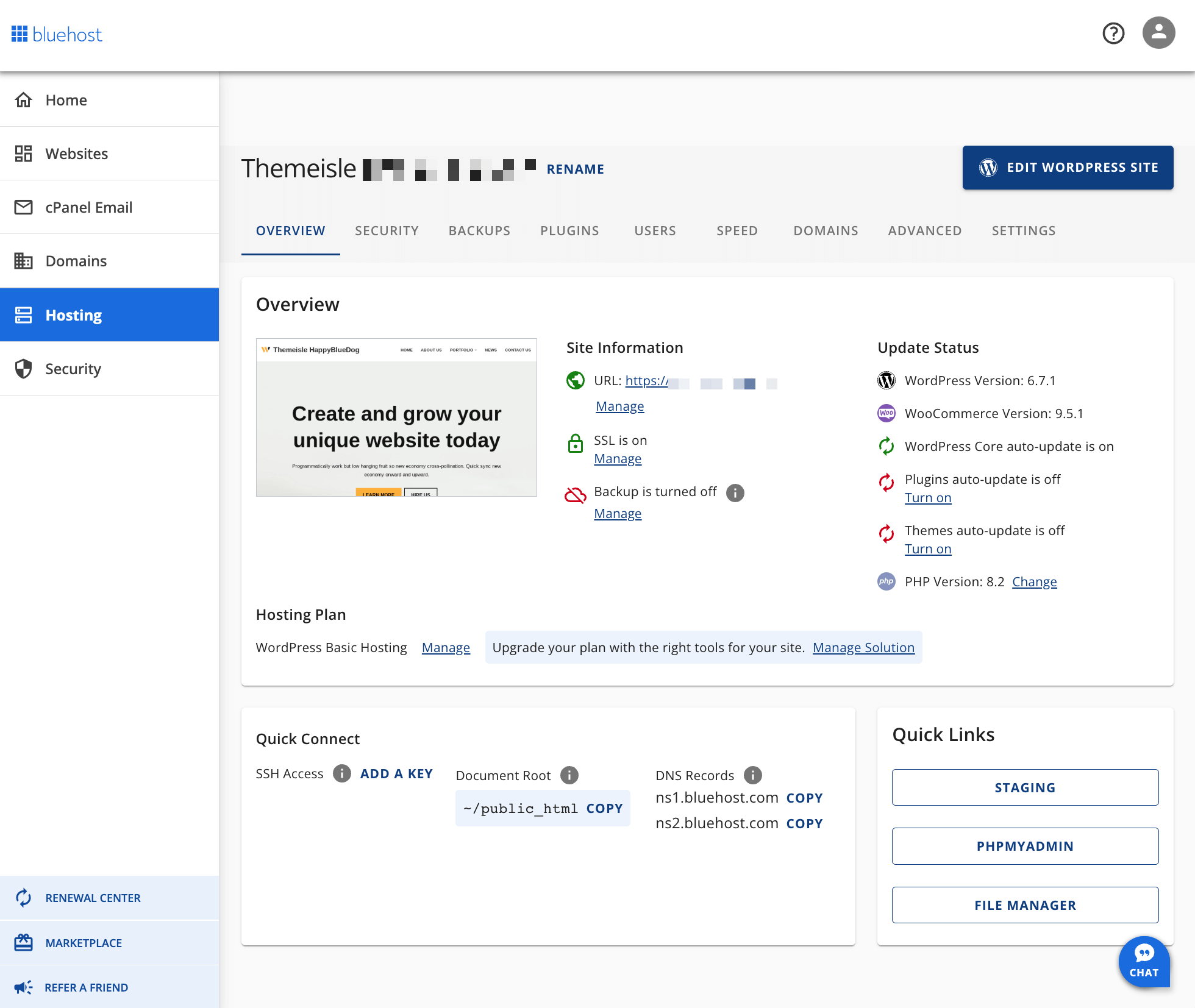 Bluehost hosting panel
