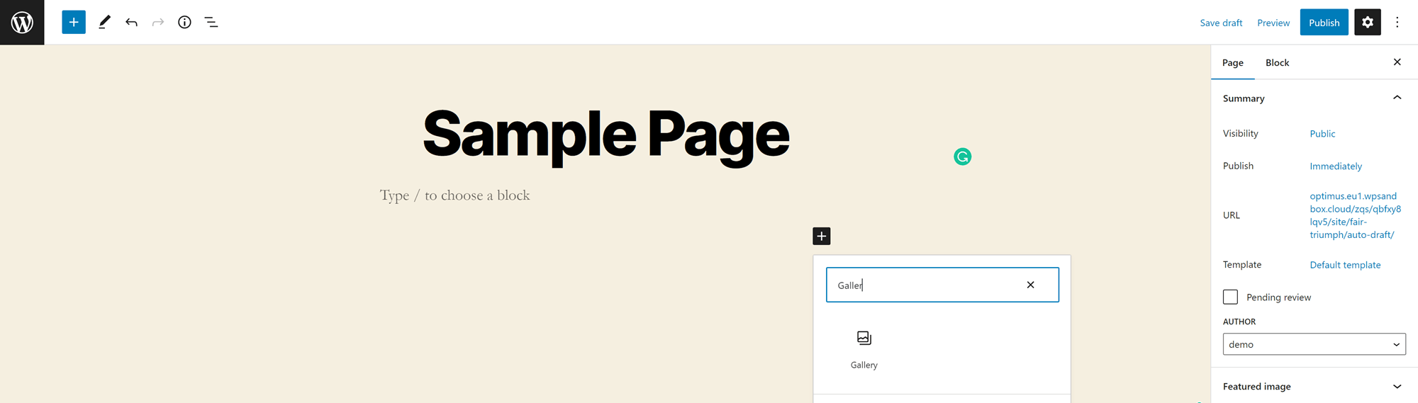 How to create a gallery in WordPress: block search for "Gallery"