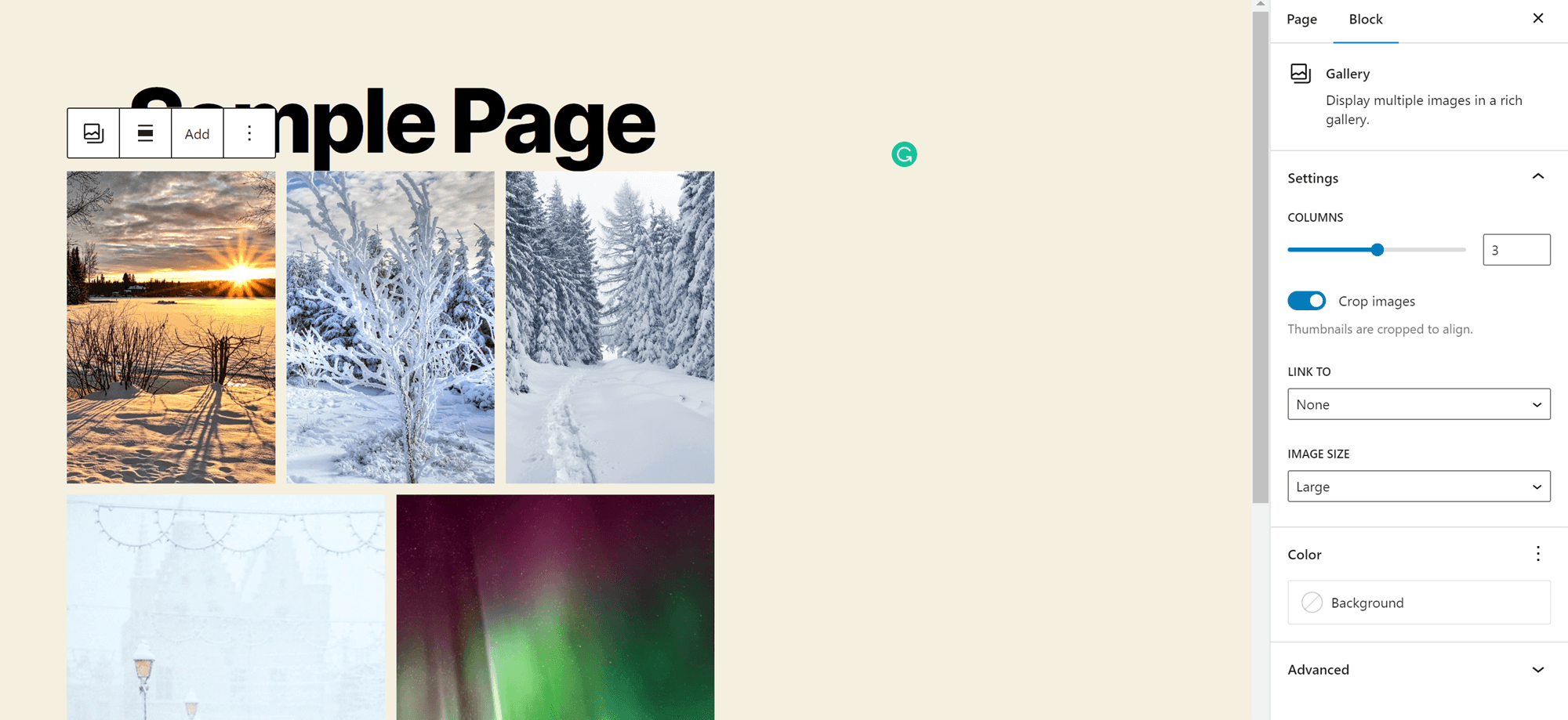 How to create a gallery in WordPress: gallery block with images in place and settings visible in the sidebar