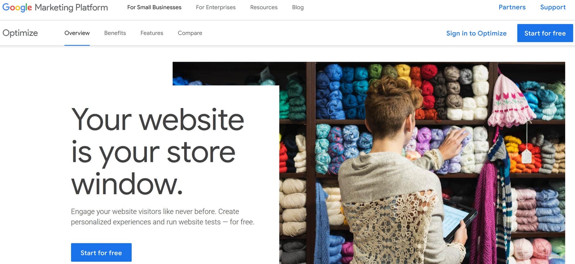 Google Optimize homepage